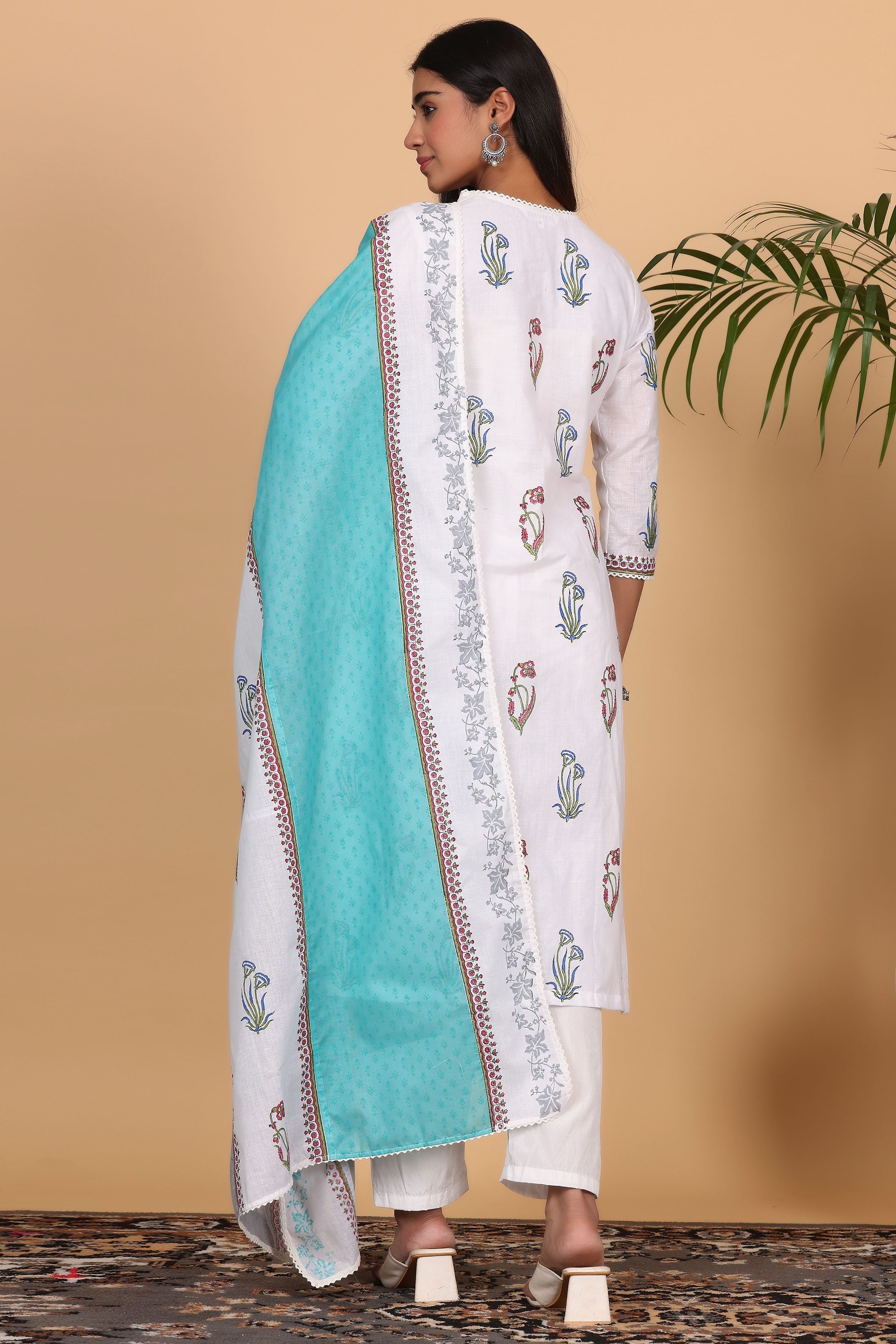 Kaanchie Nanggia White Cotton Printed Kurta Dupatta with Pants (Set of 3)