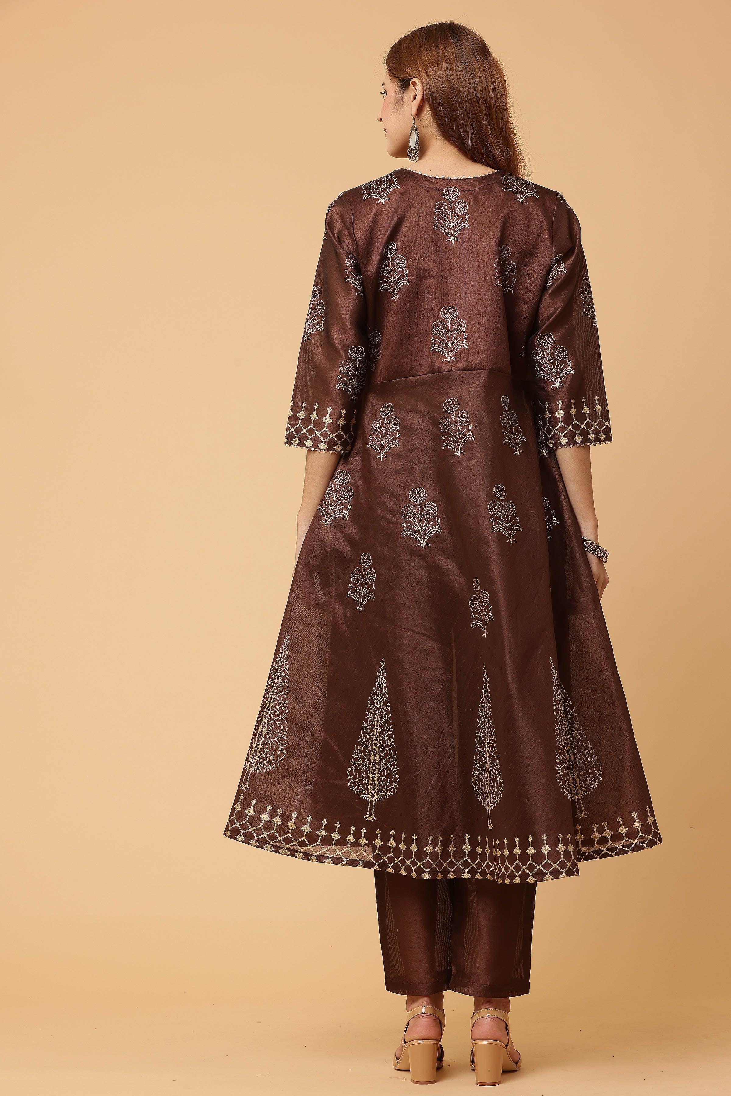 Kaanchie Nanggia Brown Flared Printed Kurta with Pant (Set of 2)