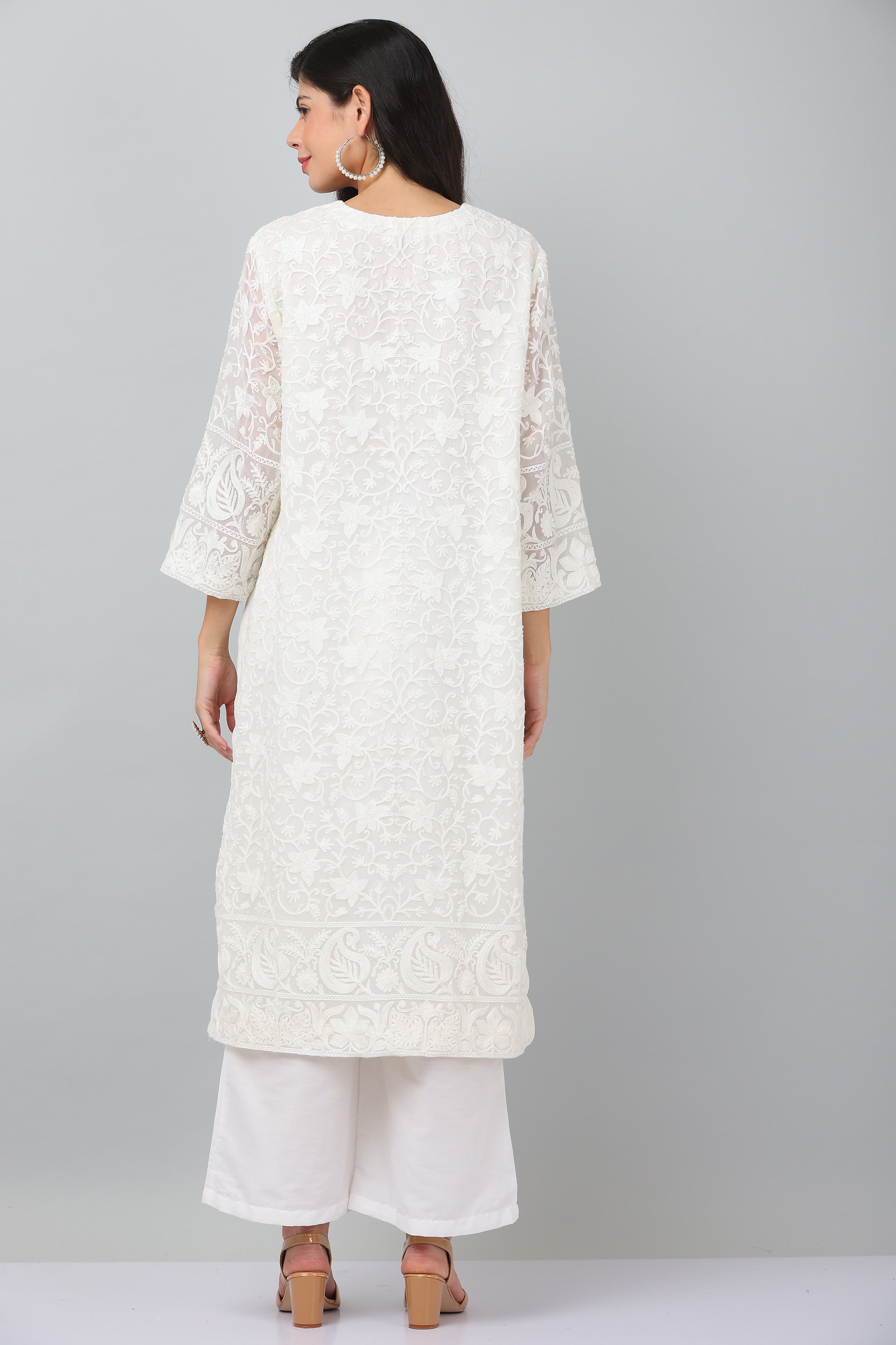 Kaanchie Nanggia White Georgette Embroidered Kurta & Dupatta with Pant (Set of 3)