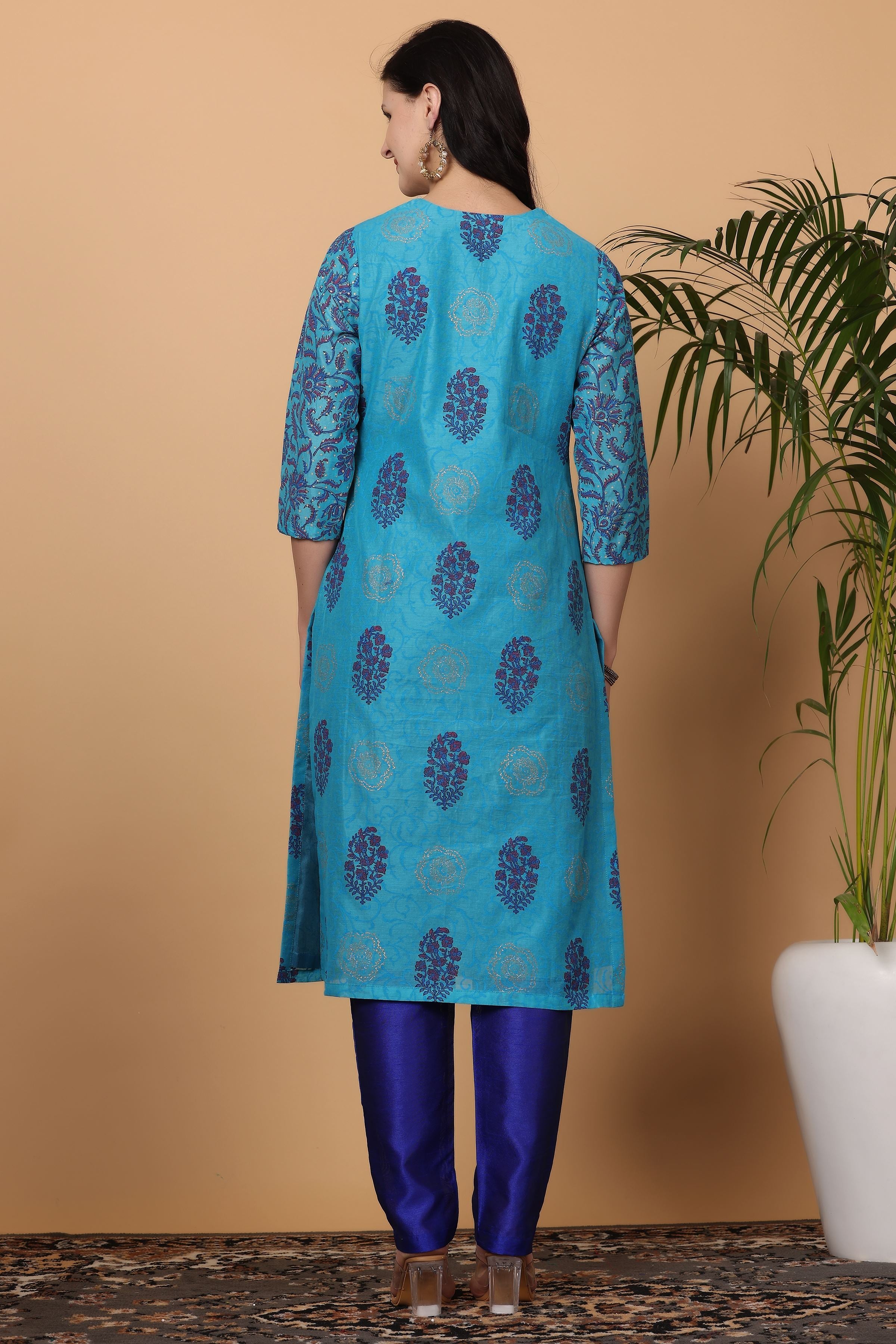 Kaanchie Nanggia Turquoise Chanderi Printed Kurta Dupatta with Pants (Set of 3)