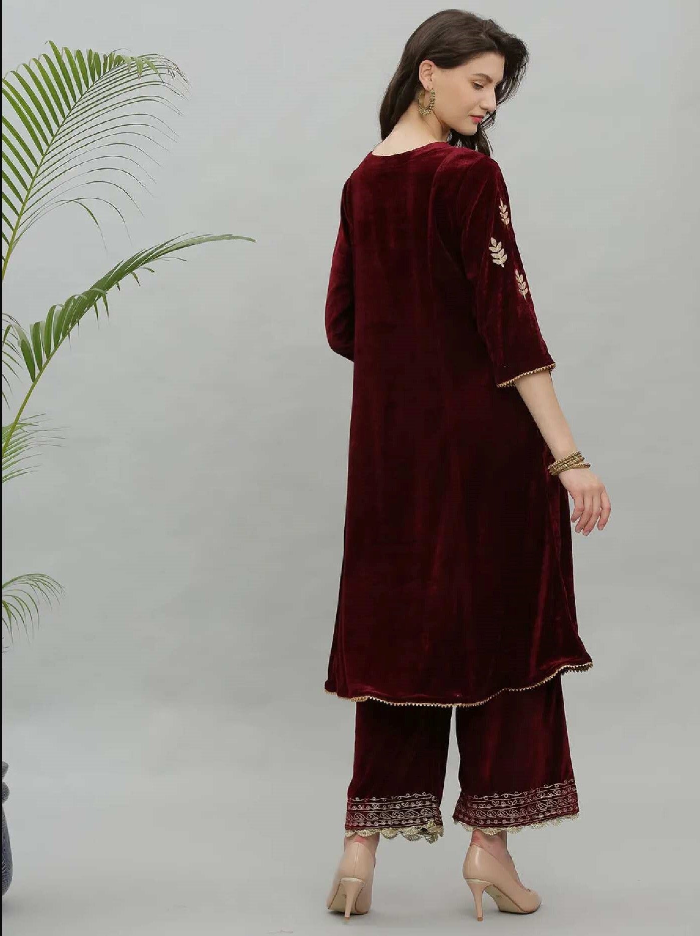 Kaanchie Nanggia Maroon Embroidery Velvet Kurta Pallazo - (Set of 2)