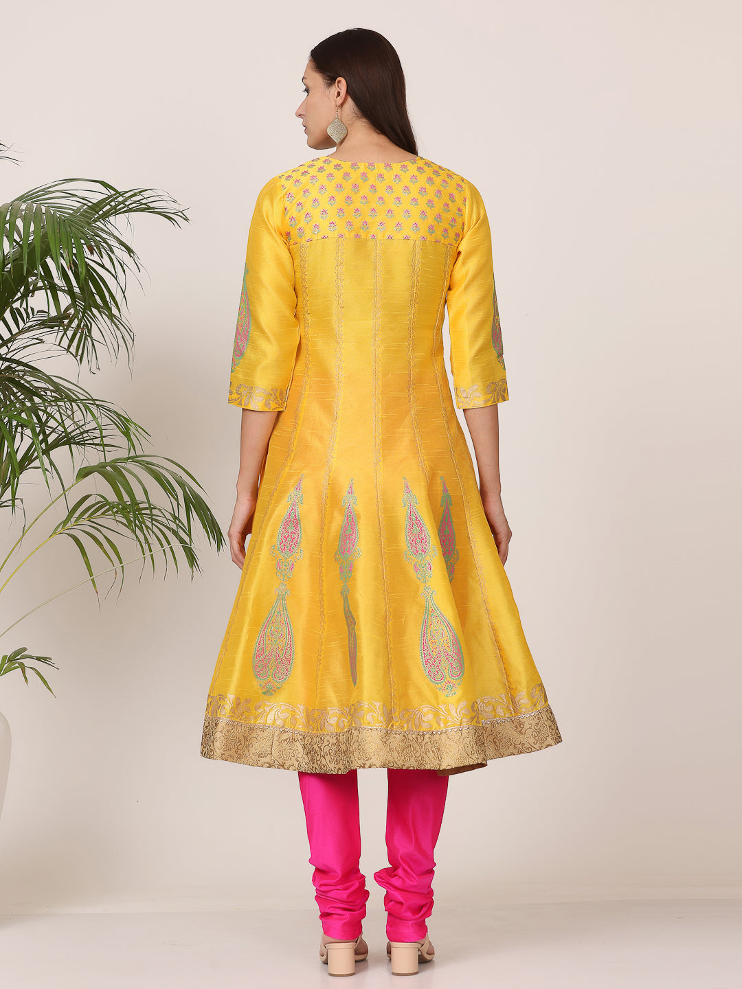 Kaanchie Nanggia Yellow Silk Printed Anarkali Churidar with Dupatta (Set of 3)