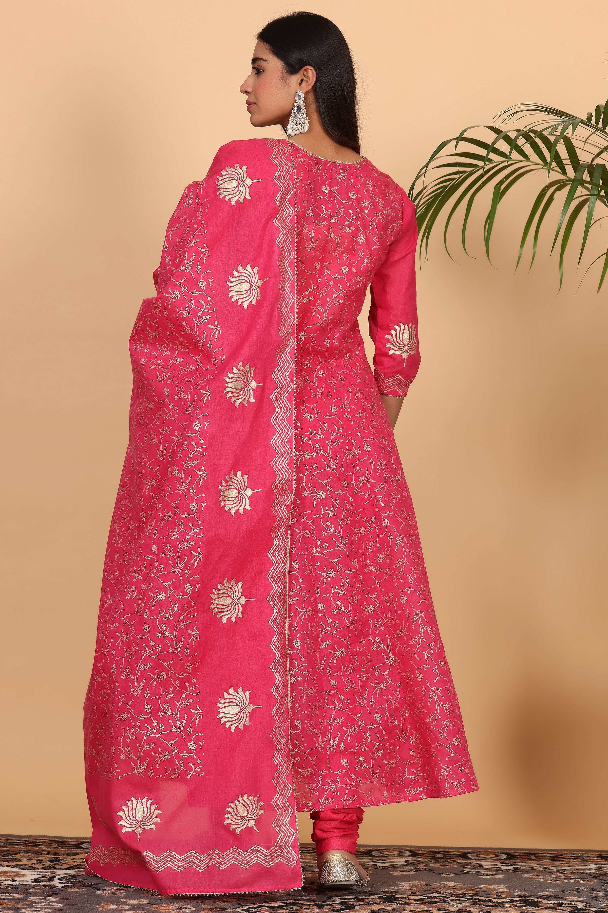 Kaanchie Nanggia Pink Printed Kalidar Kurta Dupatta with Churidar (Set of 3)