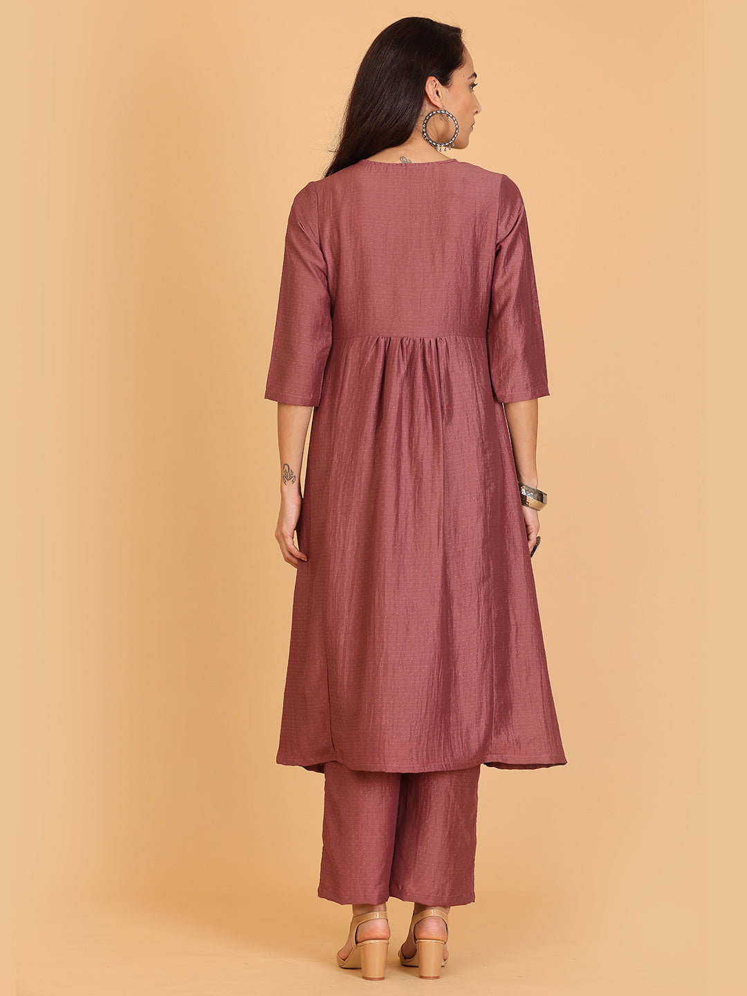 Kaanchie Nanggia Mauve Embroidered Flayred Kurta with Palazzo (Set of 2)