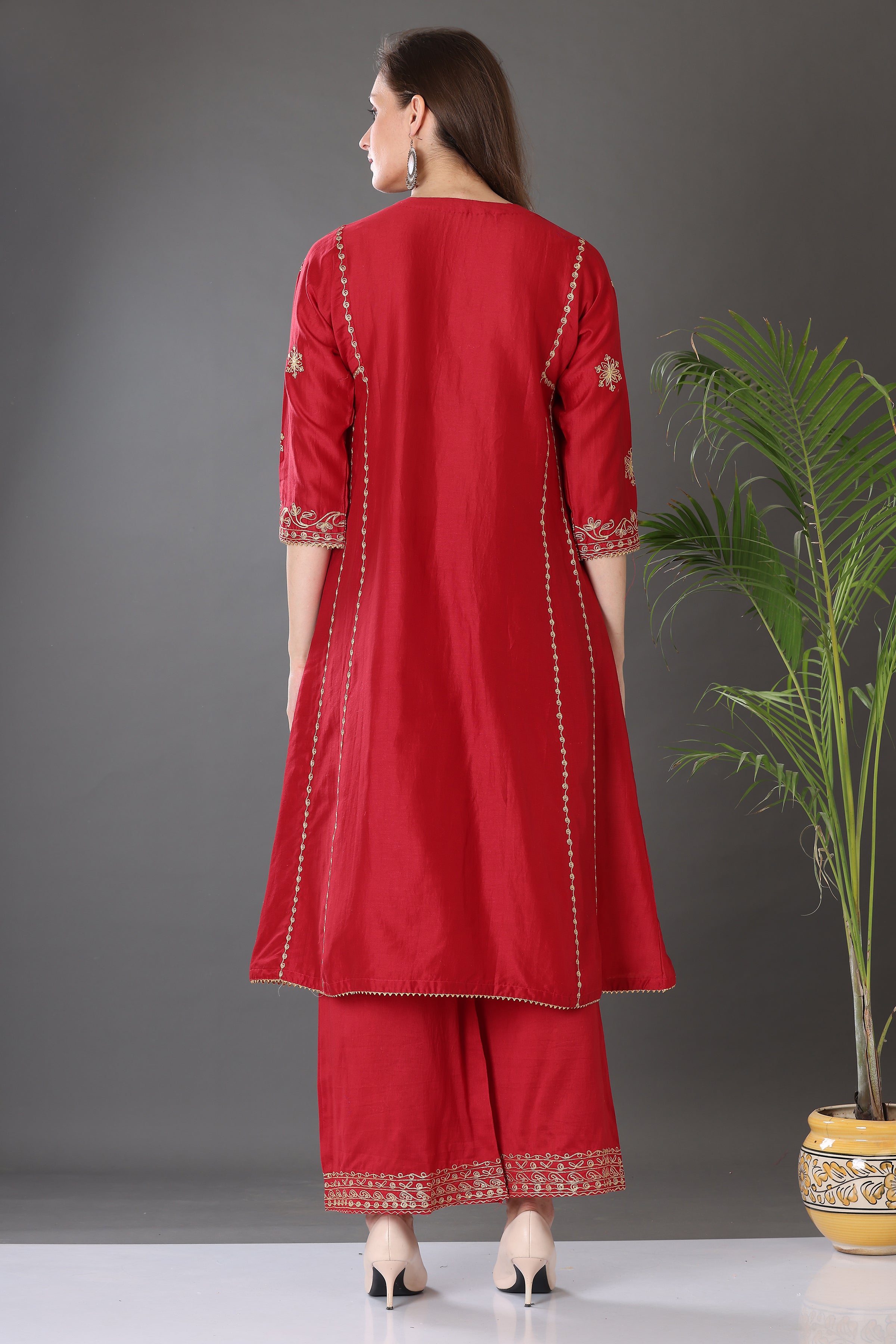 Kaanchie Nanggia Red Embroidered Cotton Silk Kurta Palazzo (Set of 2)