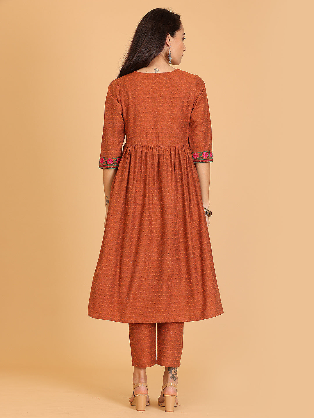 Kaanchie Nanggia Brown Embroidered Flayred Kurta with Pant (Set of 2)