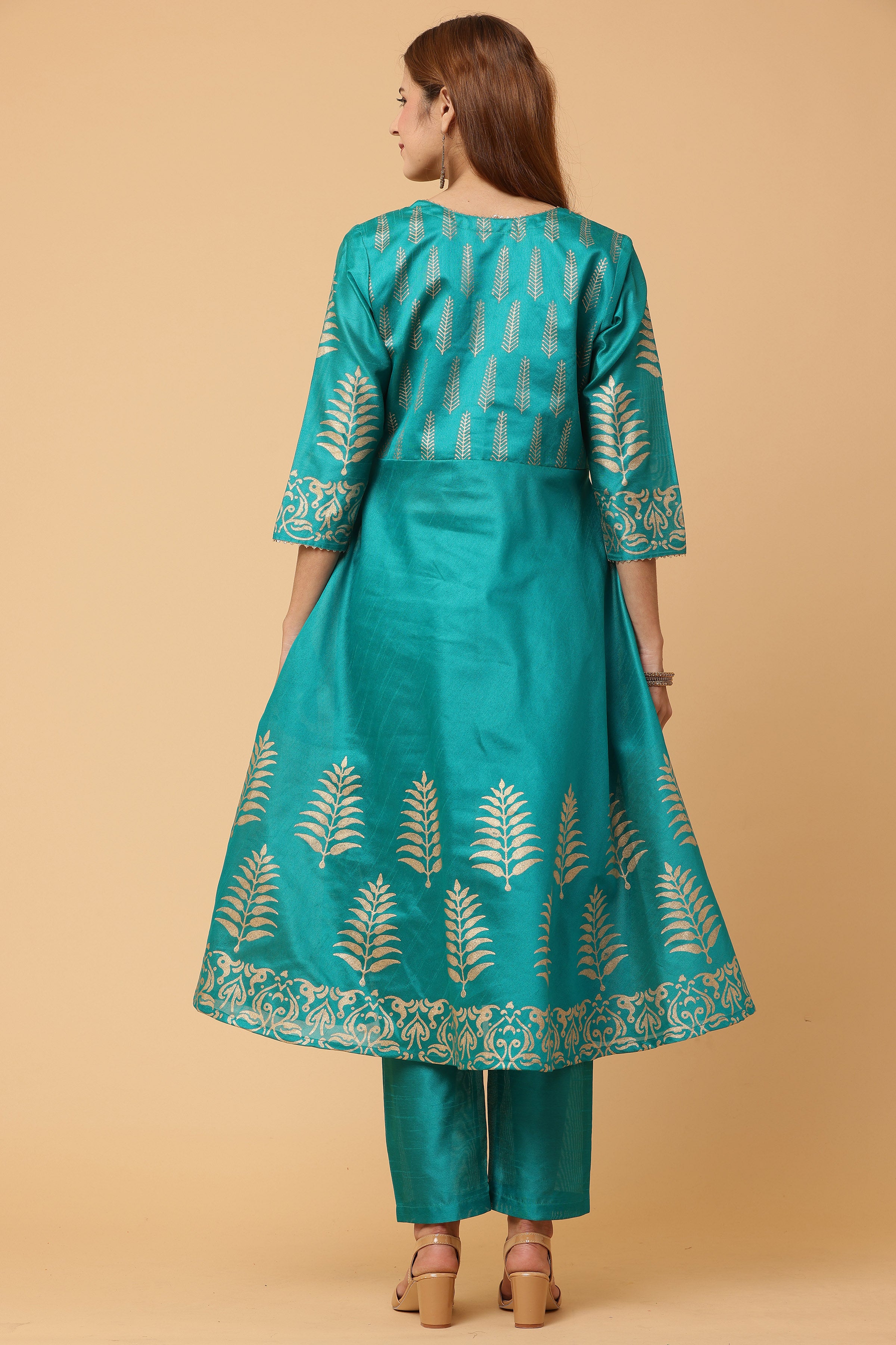 Kaanchie Nanggia Teal Green Flared Printed Kurta with Pant (Set of 2)