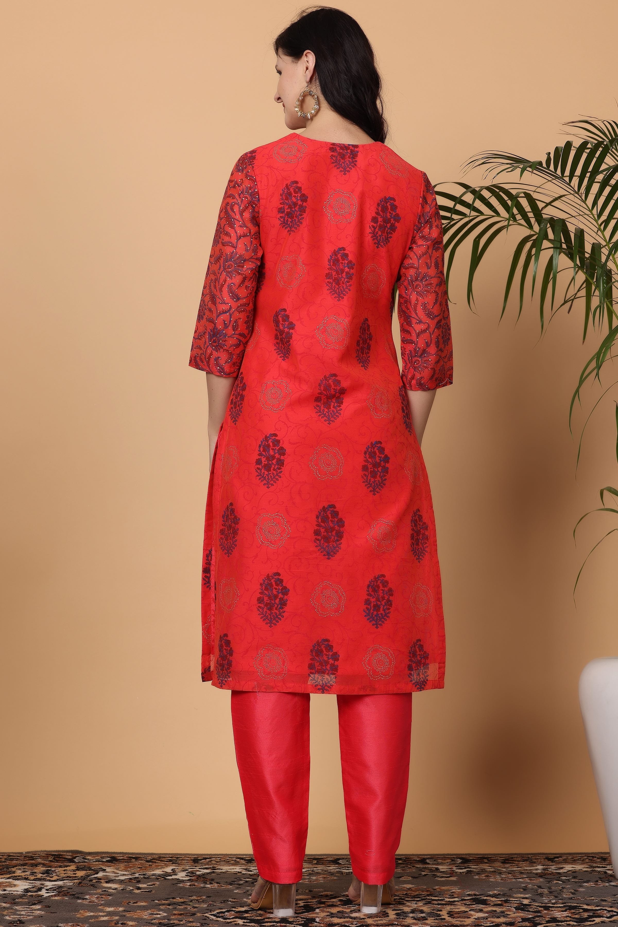 Kaanchie Nanggia Red Chanderi Printed Kurta Dupatta with Pants (Set of 3)