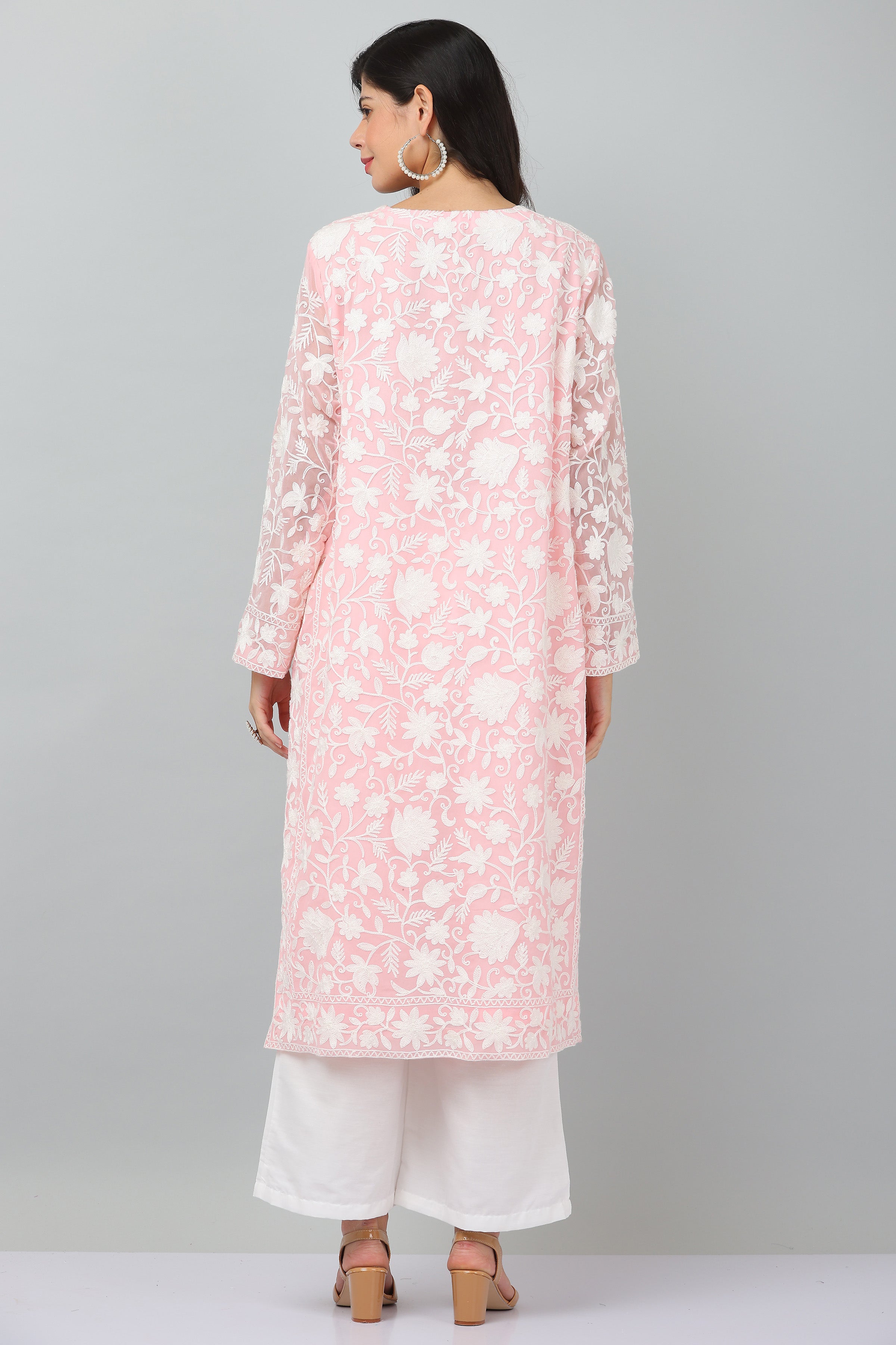 Kaanchie Nanggia Pink Georgette Embroidered Kurta & Dupatta with Pant (Set of 3)