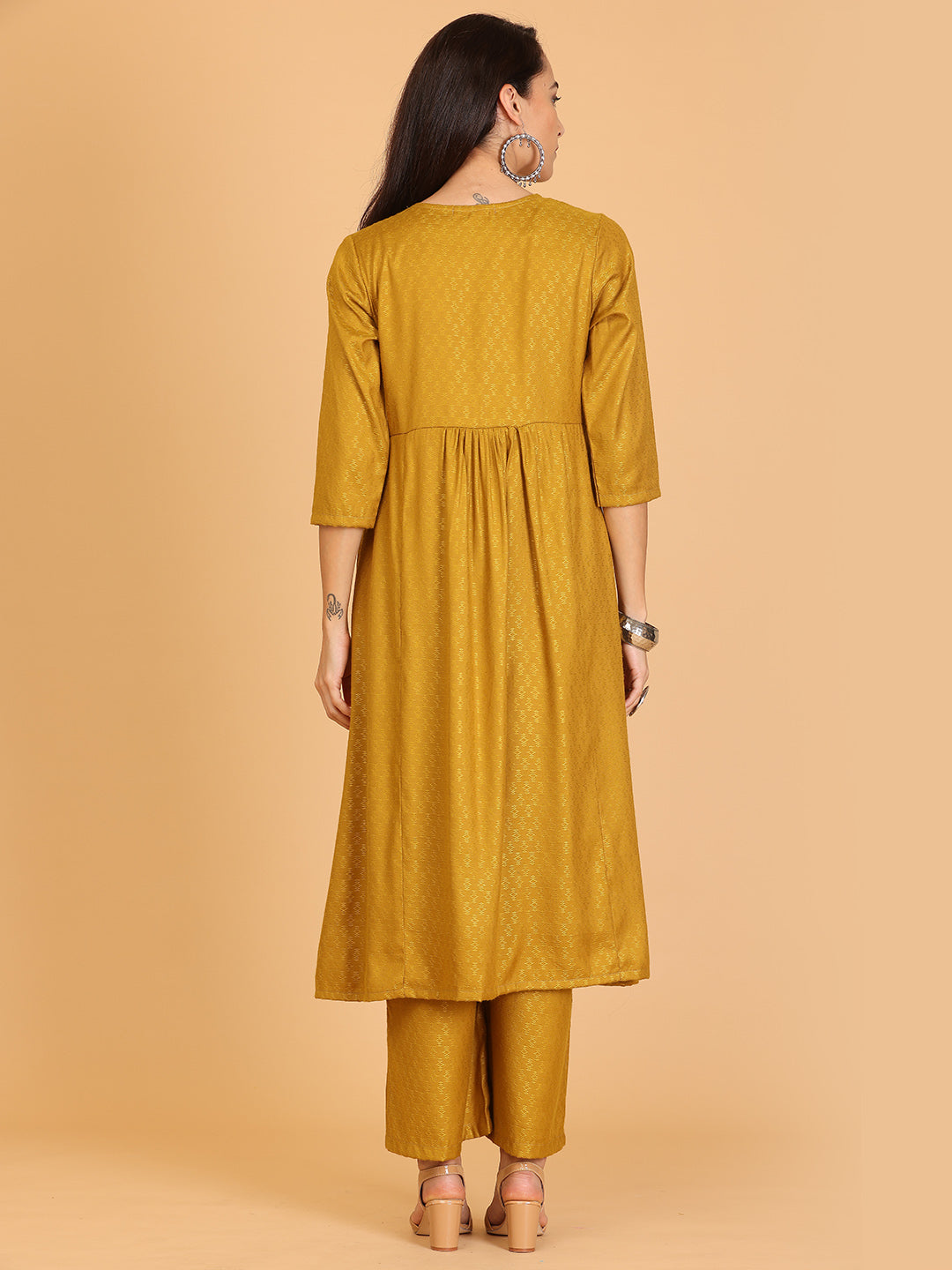 Kaanchie Nanggia Mustard Embroidered Flayred Kurta with Pant (Set of 2)