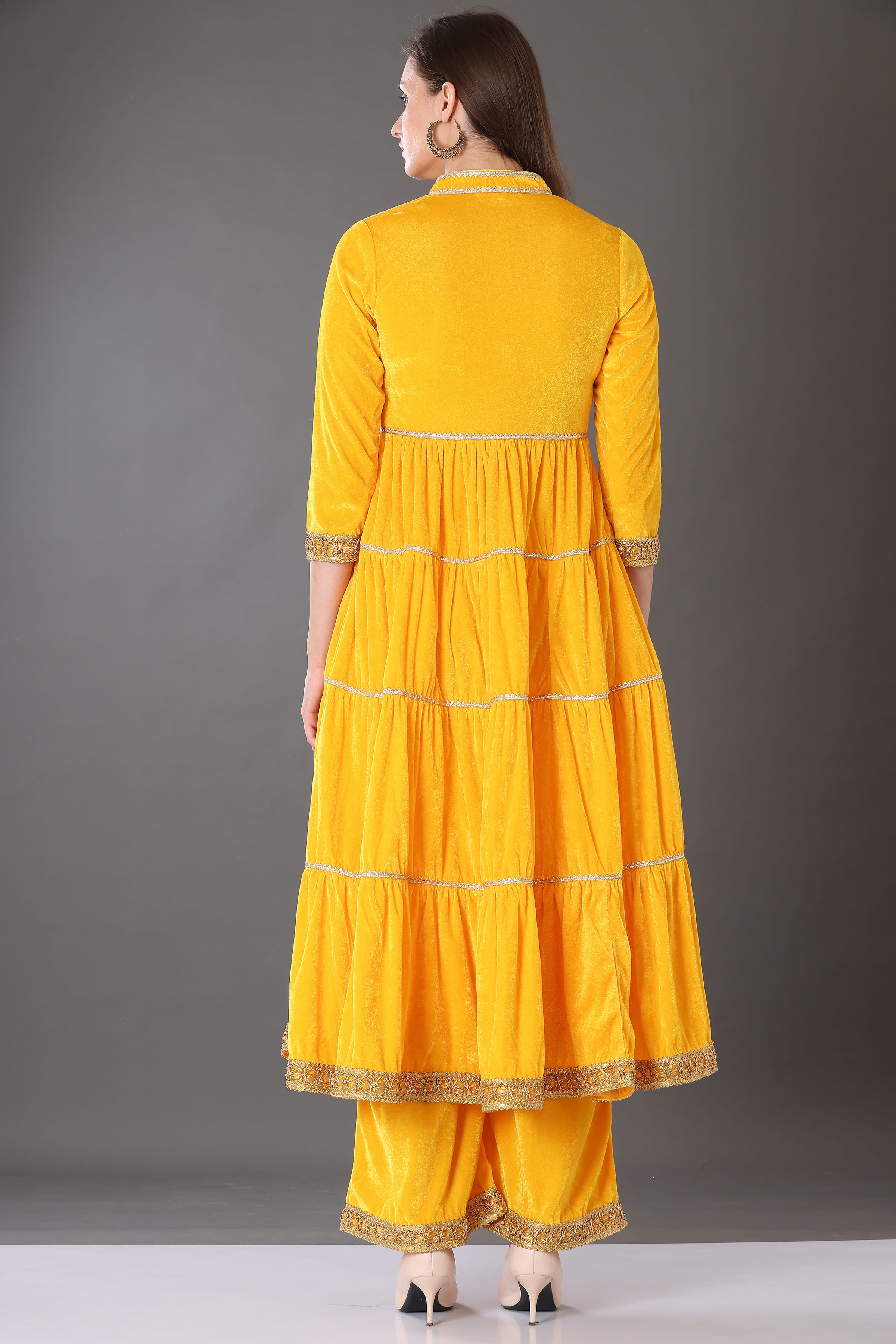 Kaanchie Nanggia Yellow Velvet with Gota Patti Work Flared Kurta Palazzo & Dupatta (Set of 3)