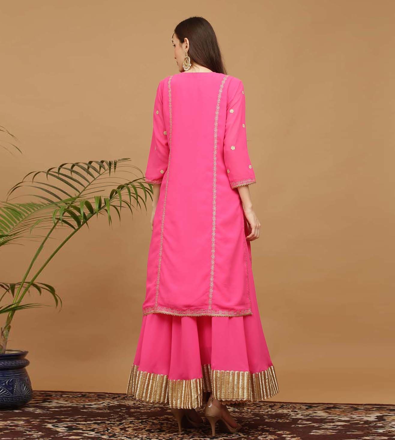 Kaanchie Nanggia Pink Georgette Kurta with Skirt & Dupatta (Set of 3)