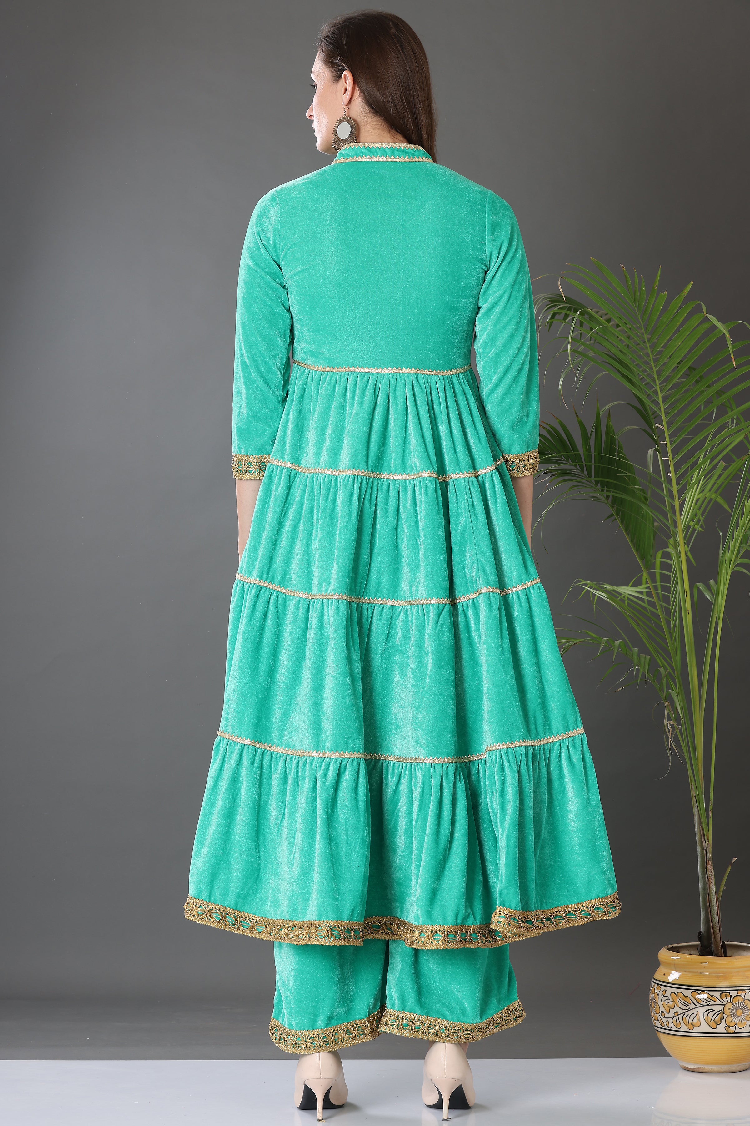 Kaanchie Nanggia Firoji Velvet with Gota Patti Work Flared Kurta Palazzo & Dupatta (Set of 3)