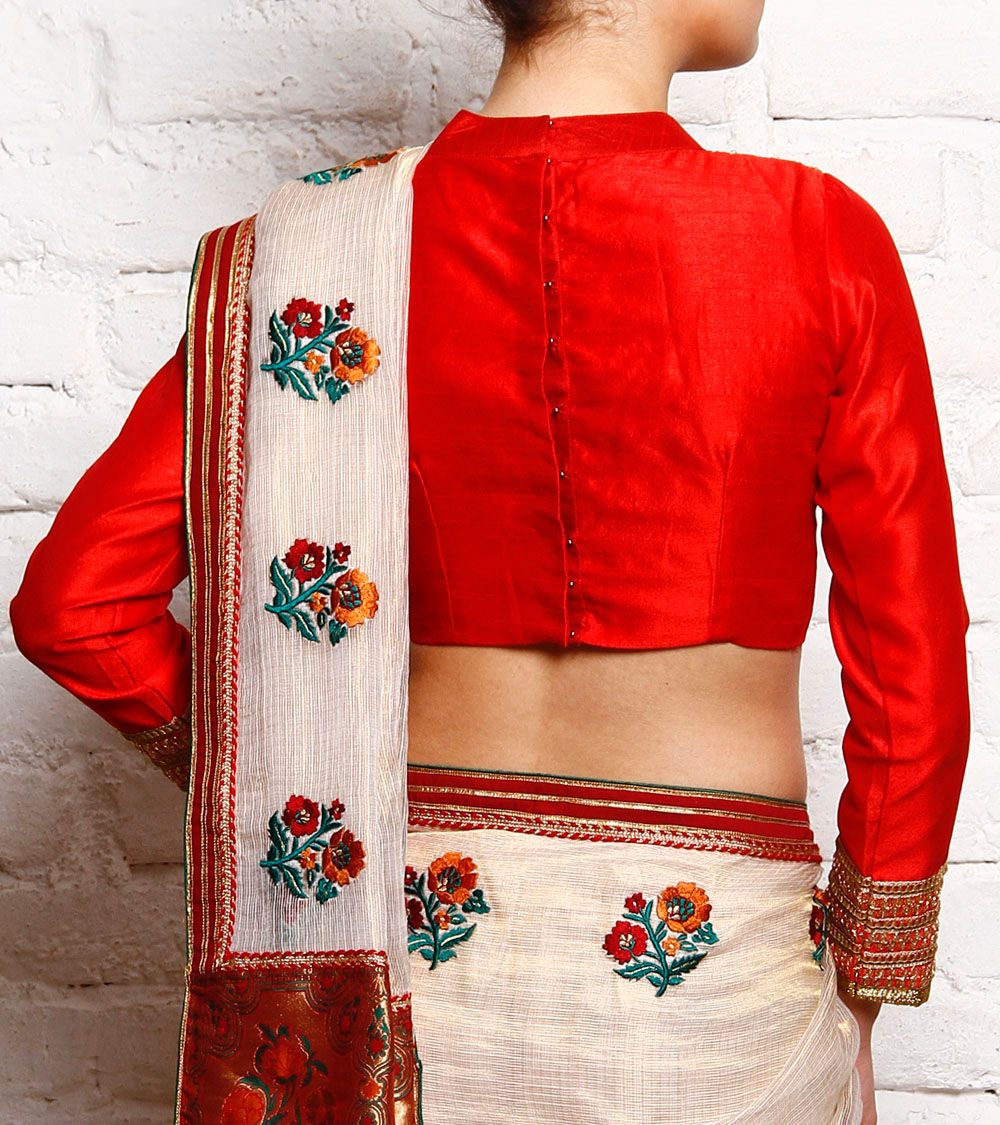 Kaanchie Nanggia Red Silk Embroidered Blouse