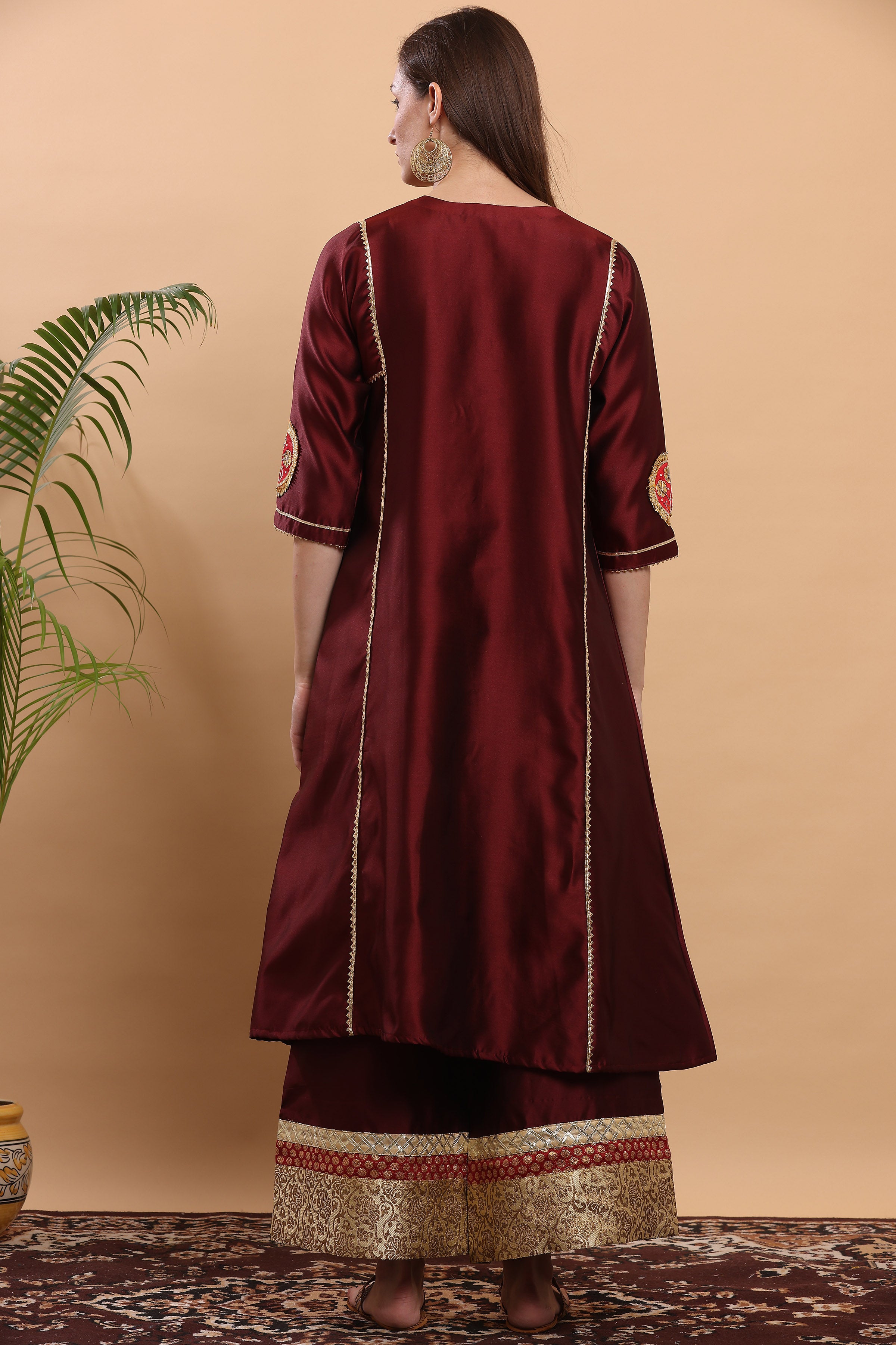 Kaanchie Nanggia Maroon Flayred Gota Work Kurta Palazzo (Set of 2)