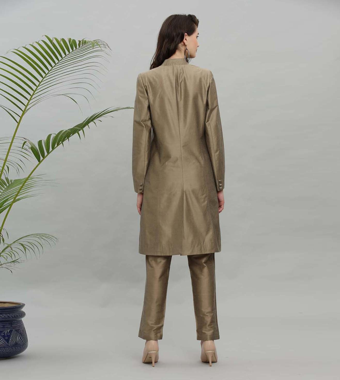 Kaanchie Nanggia Mud Brown Solid Jacket Kurta And Pant - (Set of 2)