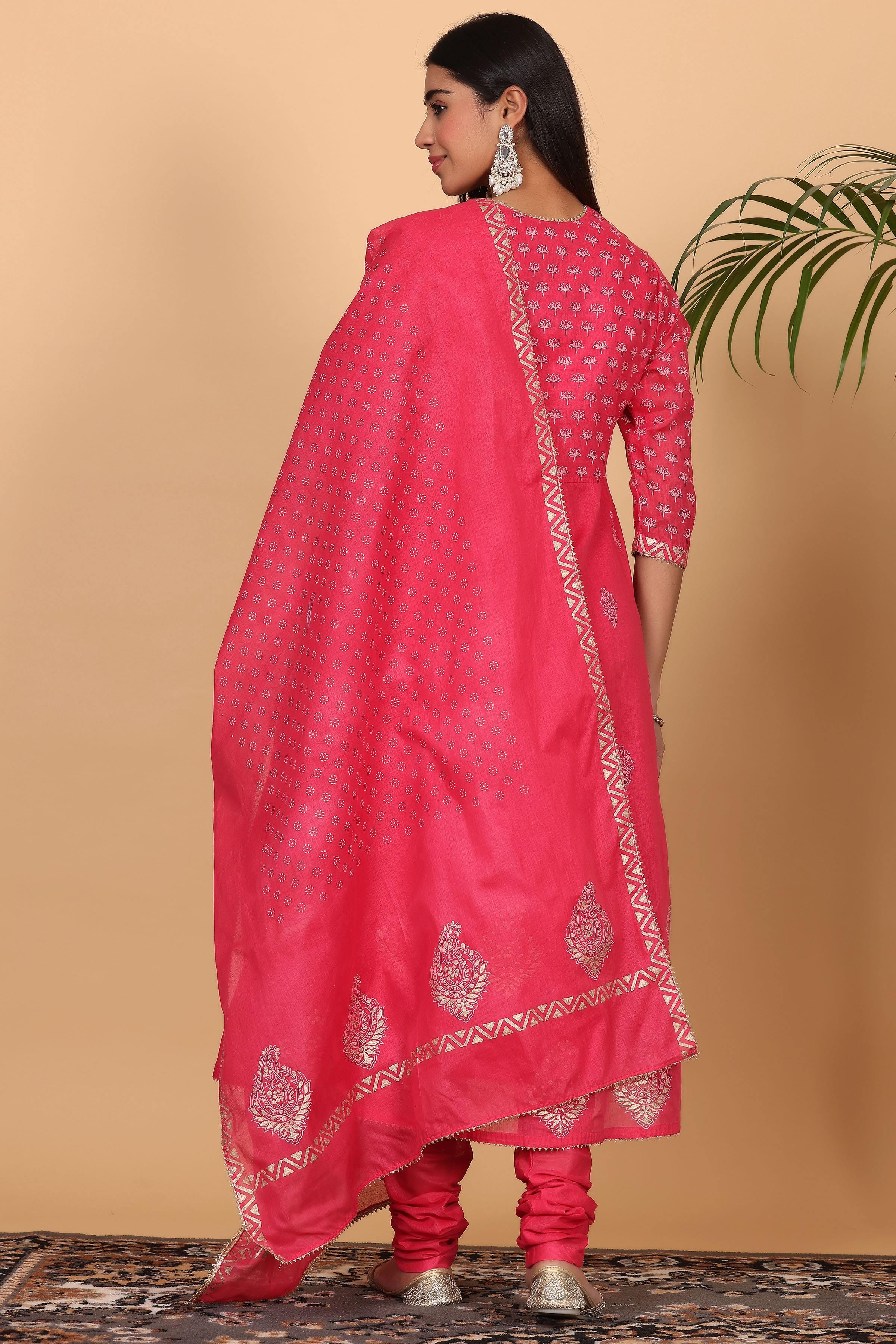 Kaanchie Nanggia Pink Printed Anarkali Kurta Dupatta with Churidar (Set of 3)