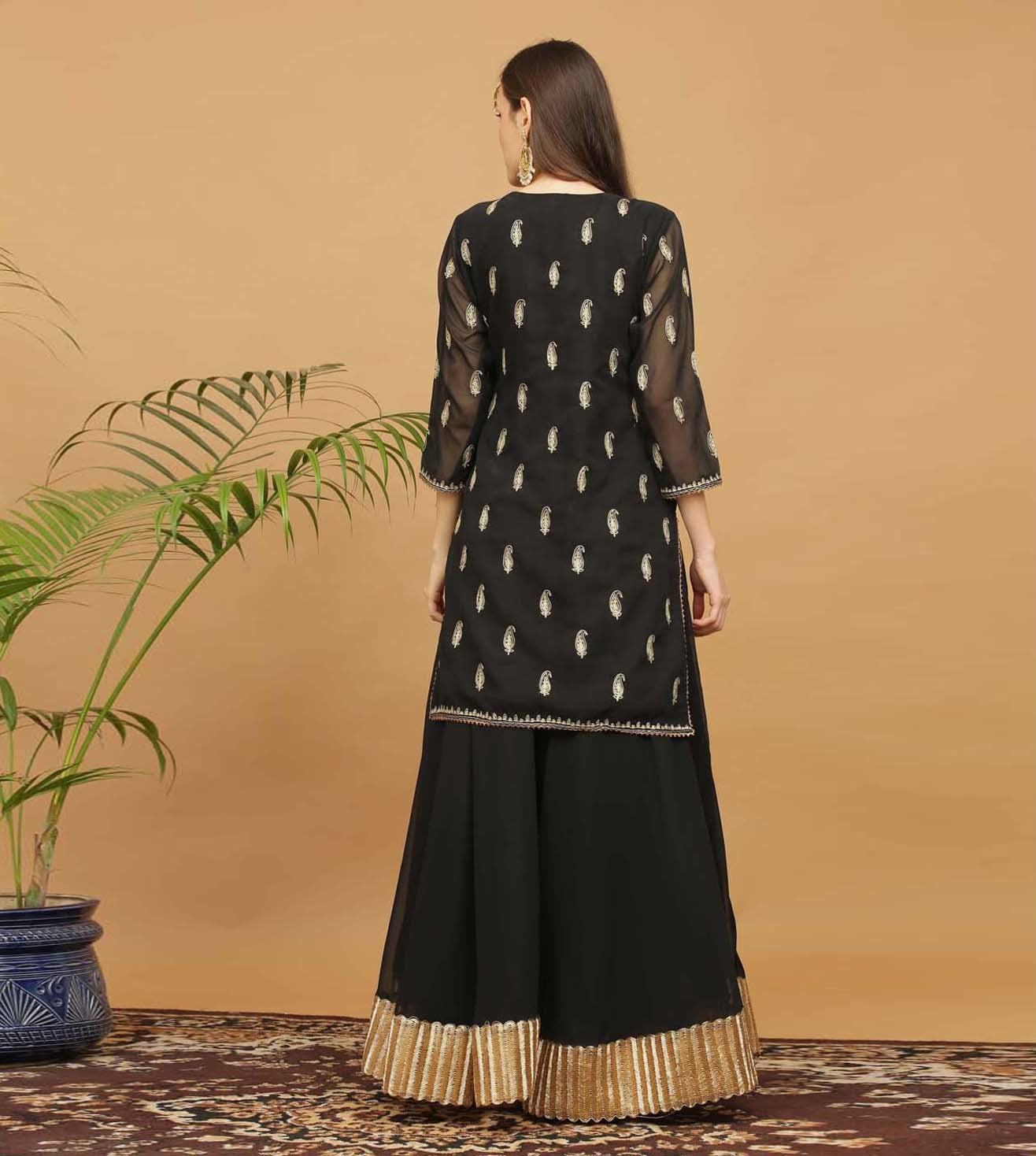 Kaanchie Nanggia Black Embroidery Georgette Kurta with Skirt (Set of 2)