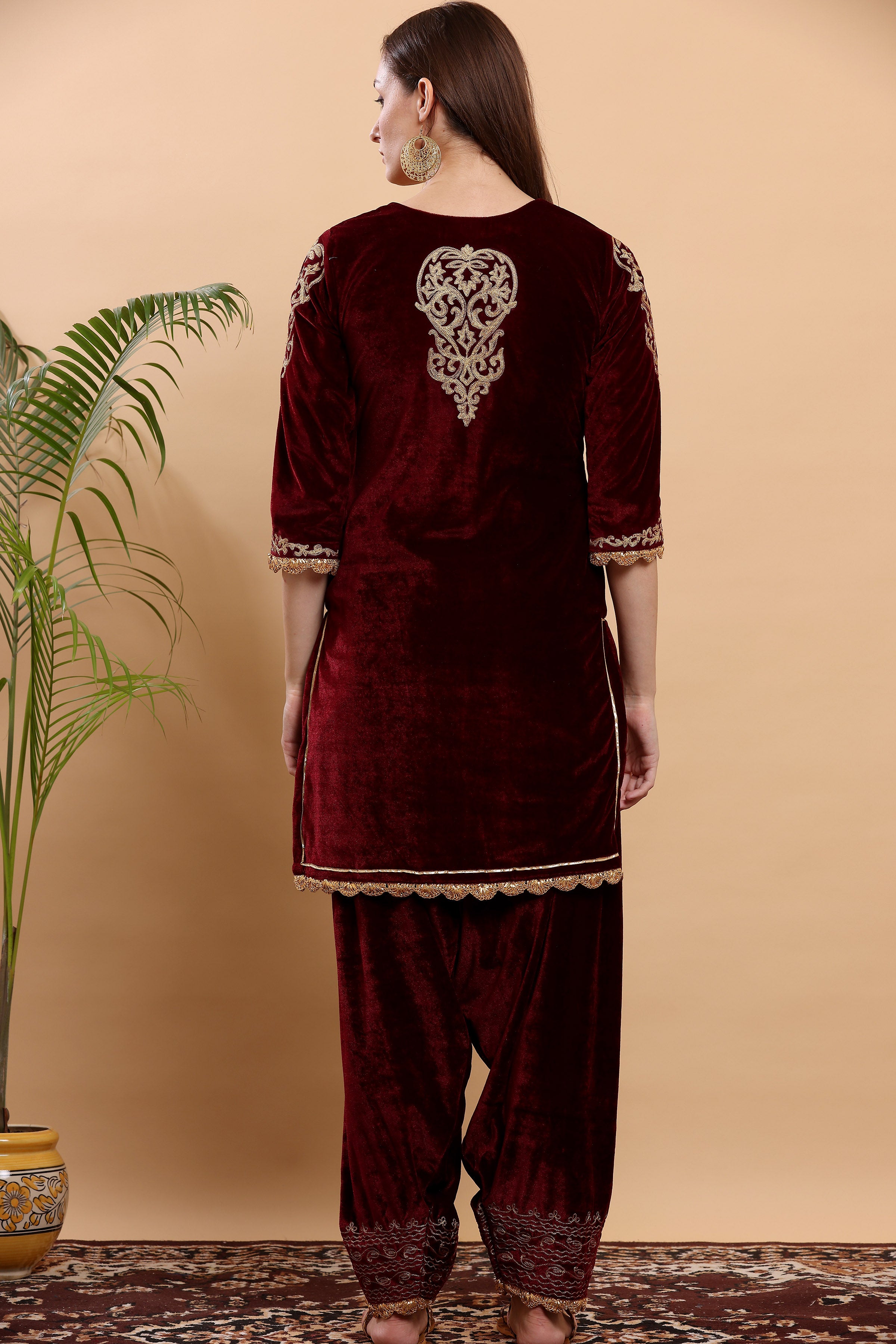 Kaanchie Nanggia Maroon Embroidered Kurta Salwar (Set of 2)