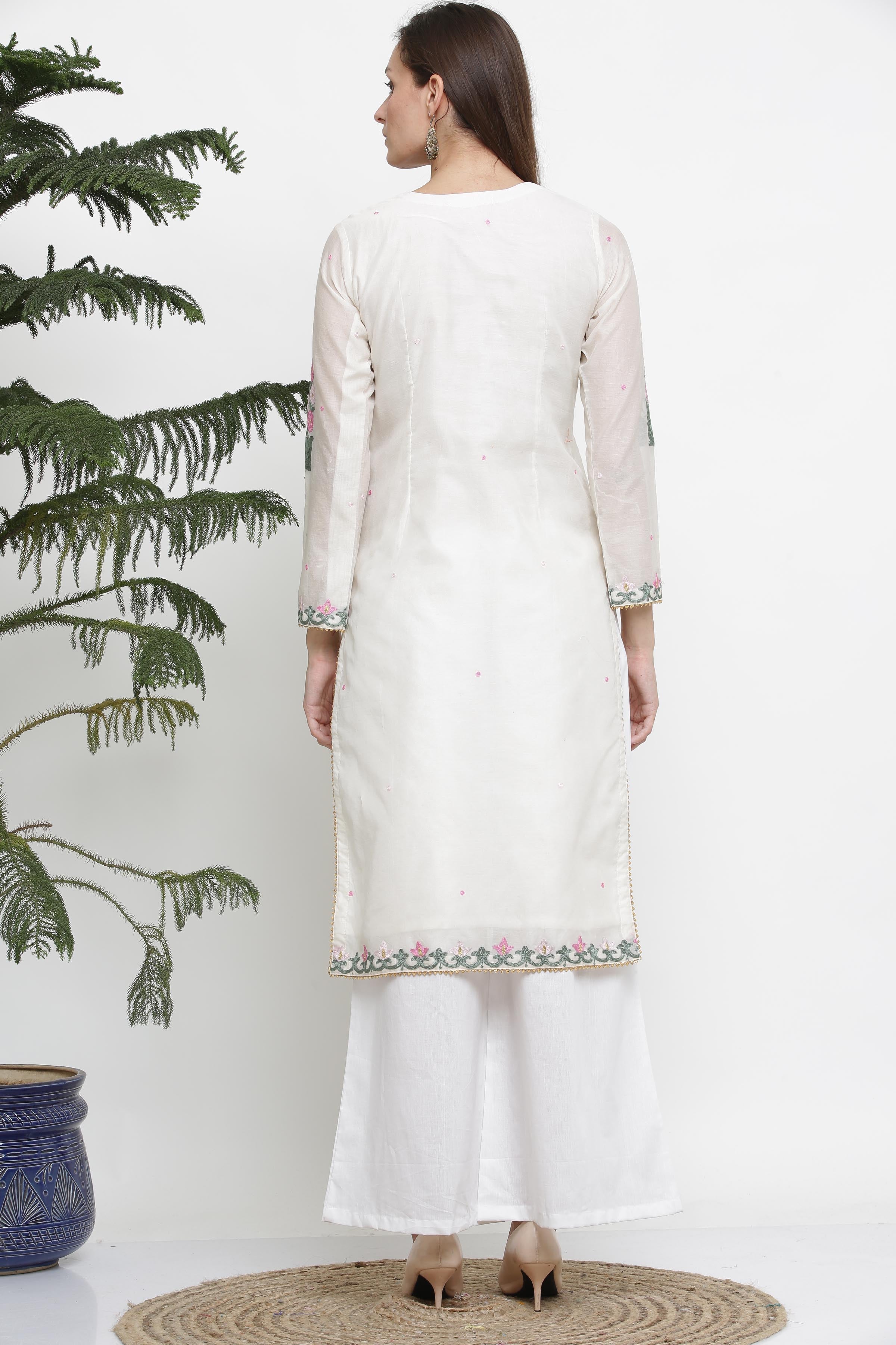 Kaanchie Nanggia White Embroidred A Line Kurta And Pant (Set of 2)