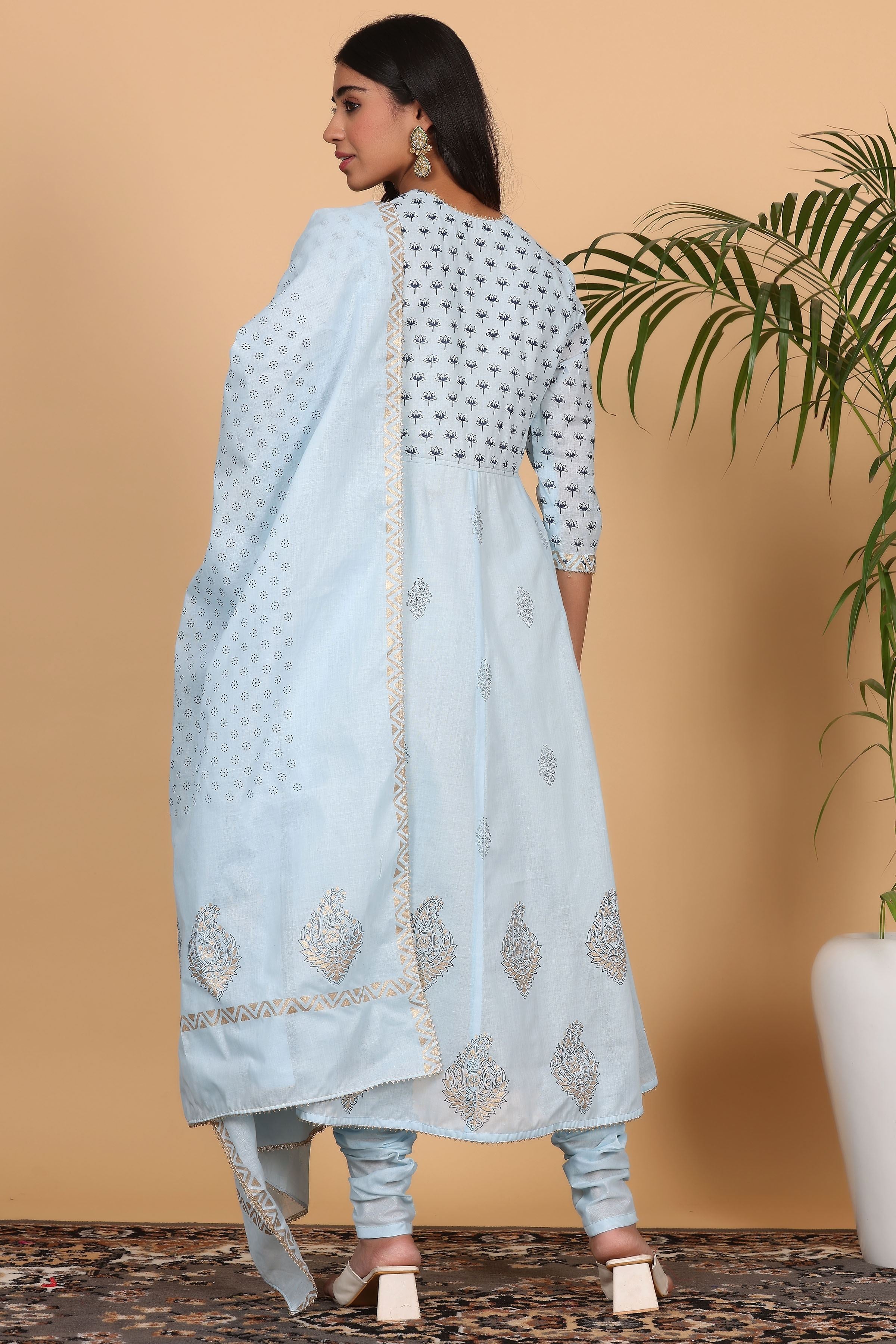 Kaanchie Nanggia Blue Printed Anarkali Kurta Dupatta with Churidar (Set of 3)