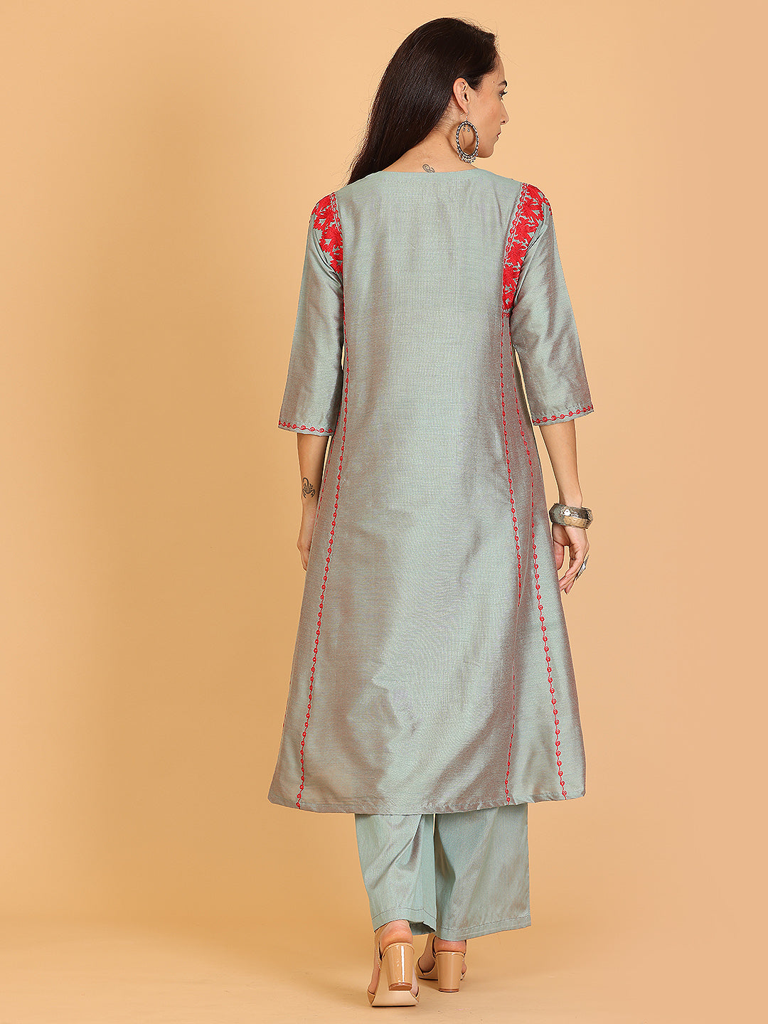 Kaanchie Nanggia Grey Embroidered Cotton Silk Flayred Kurta and Palazzo (Set of 2)