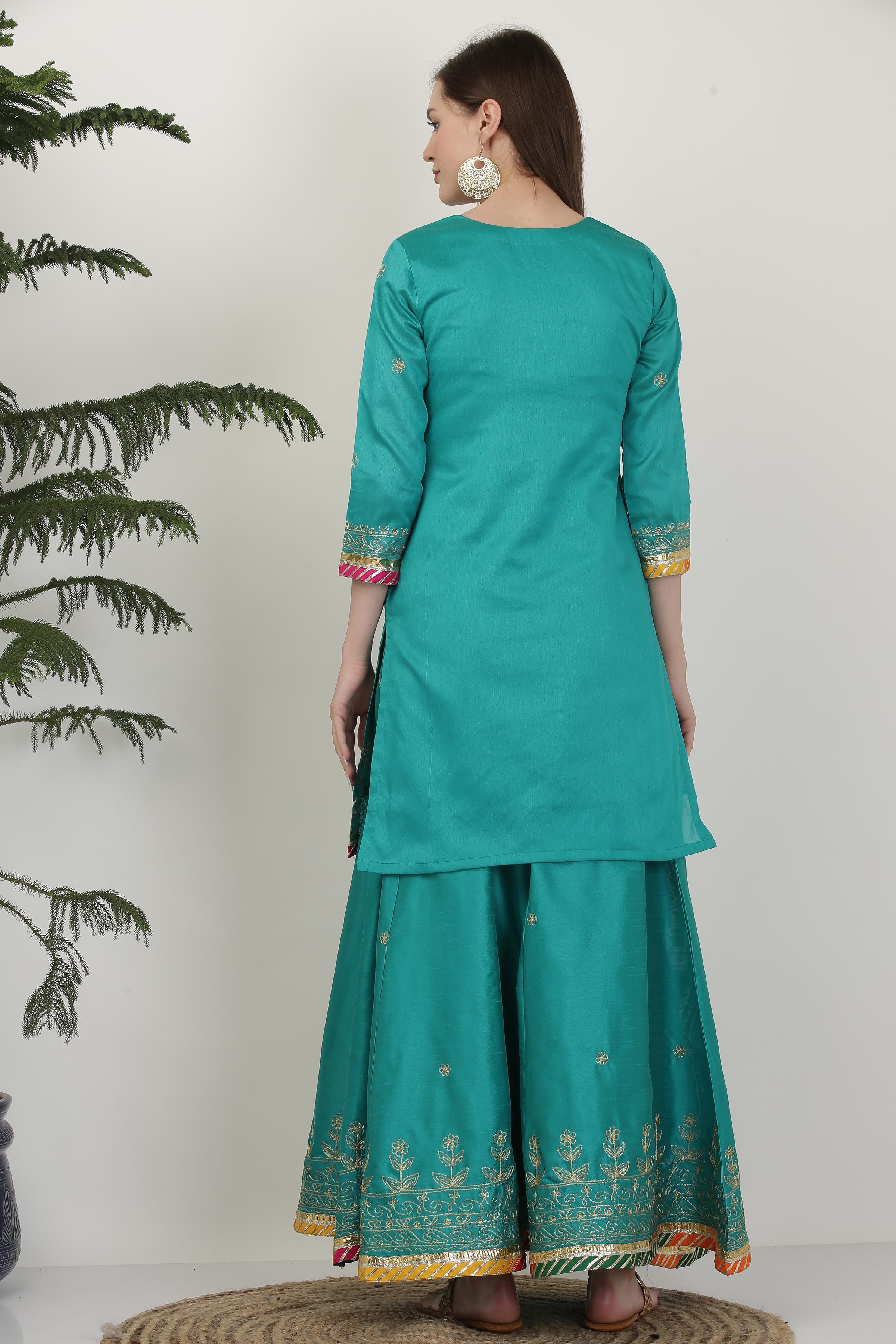 Kaanchie Nanggia Turquoise Blue Embroidered Thread Work Silk Ready to Wear Lehenga & Kurta With Dupatta (Set of 3)