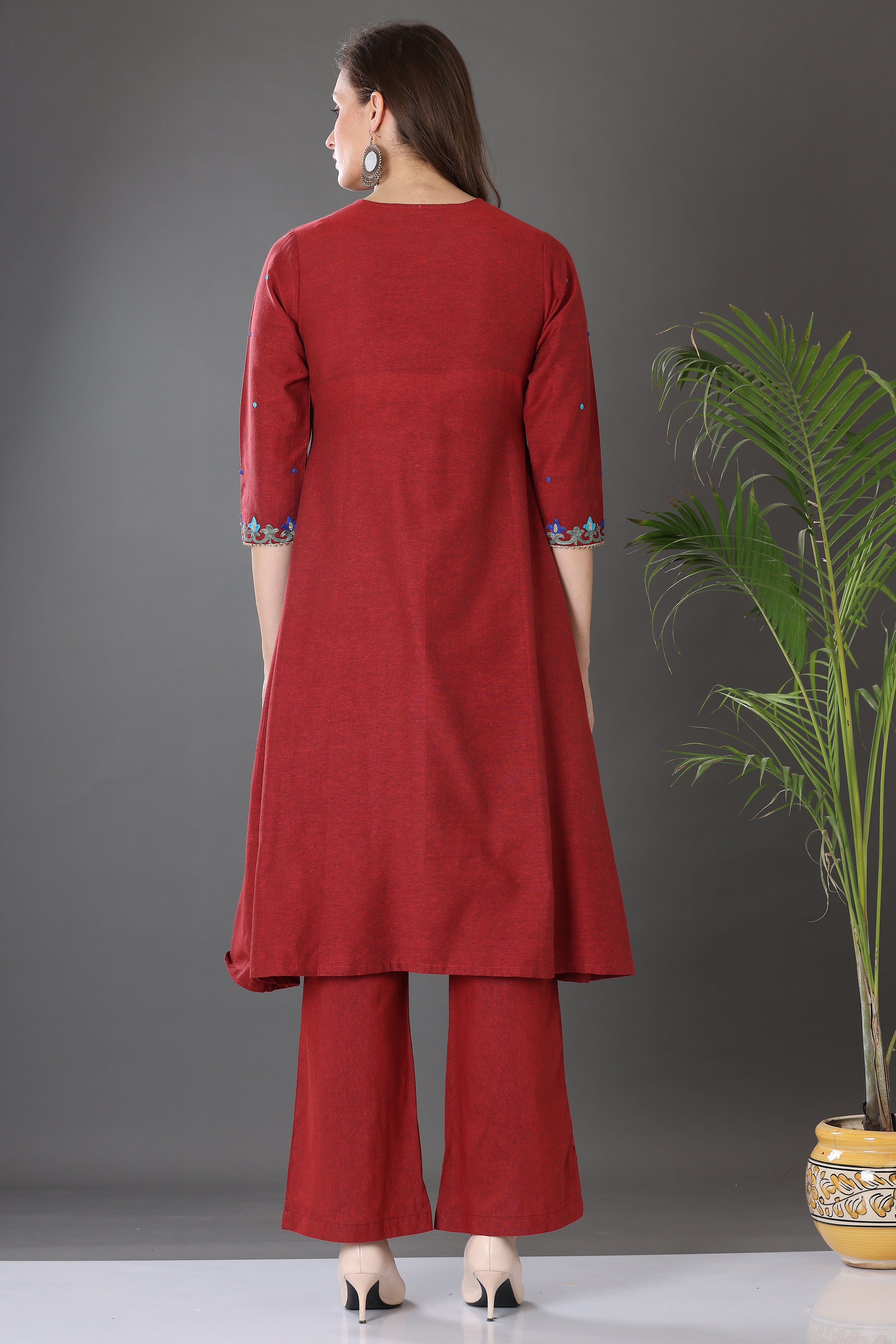 Kaanchie Nanggia Maroon Cotton Embroidered Flared Kurta Pants (Set of 2)