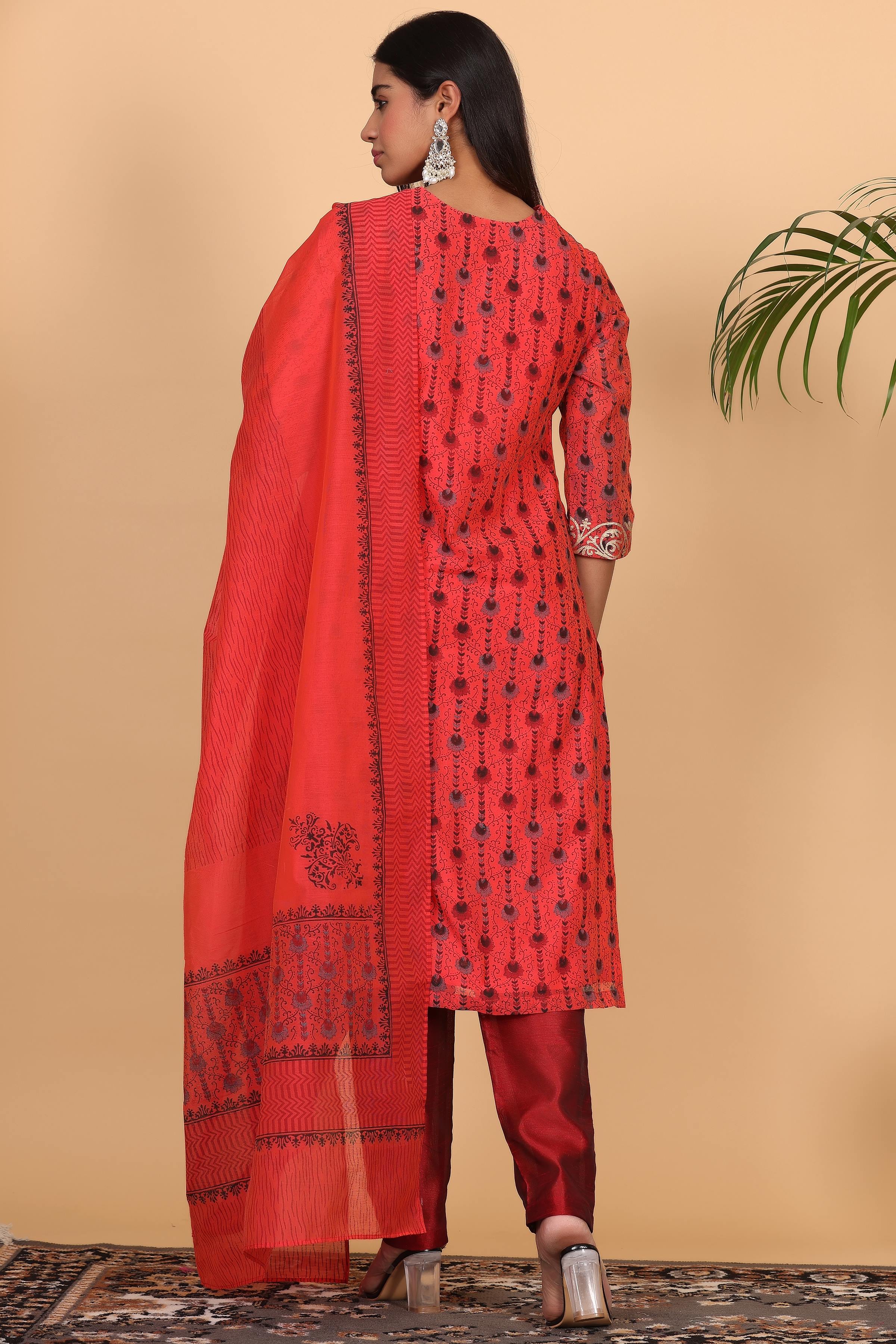 Kaanchie Nanggia Red Chanderi Printed Kurta Dupatta with Pants (Set of 3)
