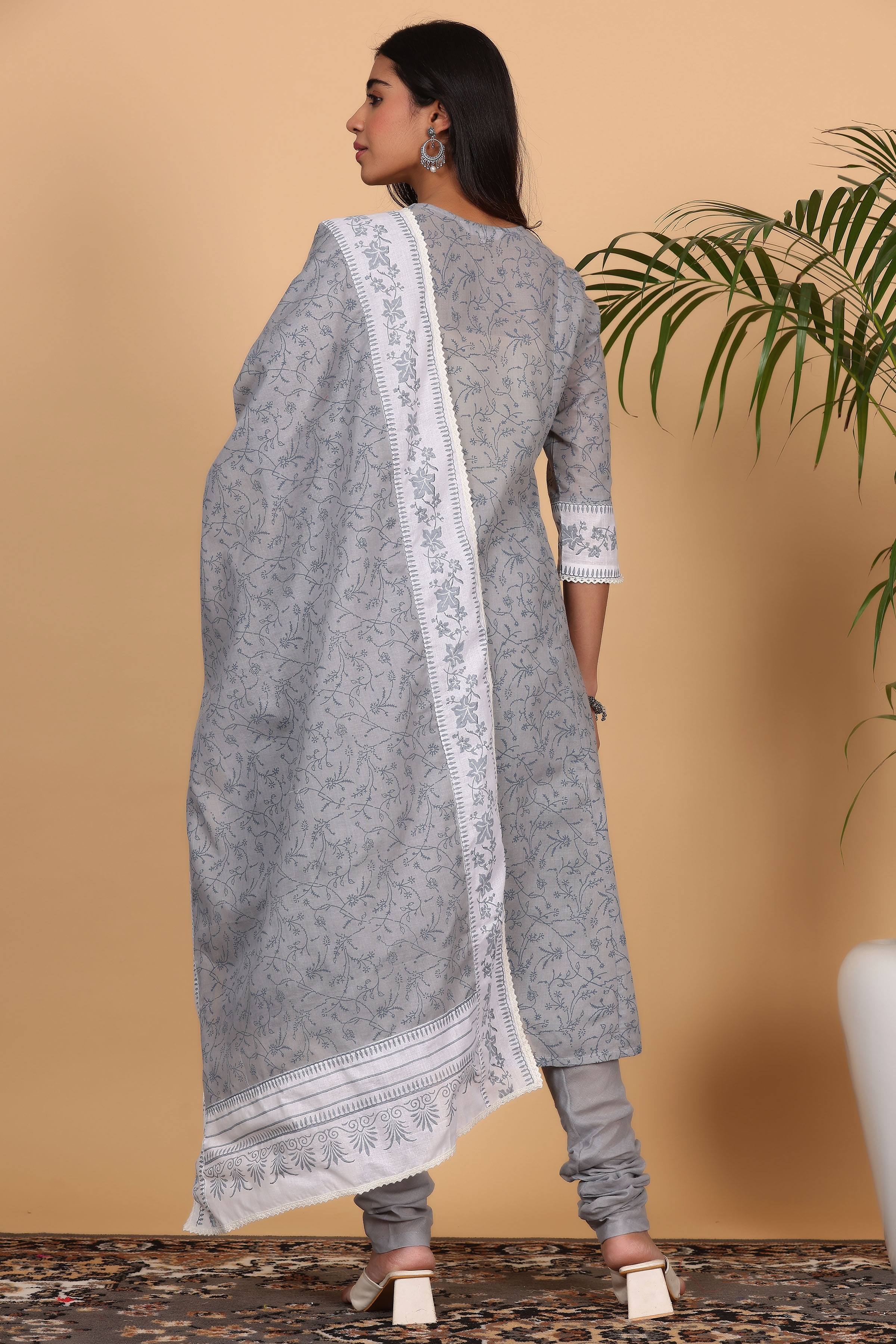 Kaanchie Nanggia Grey Printed Kurta Dupatta with Churidar (Set of 3)