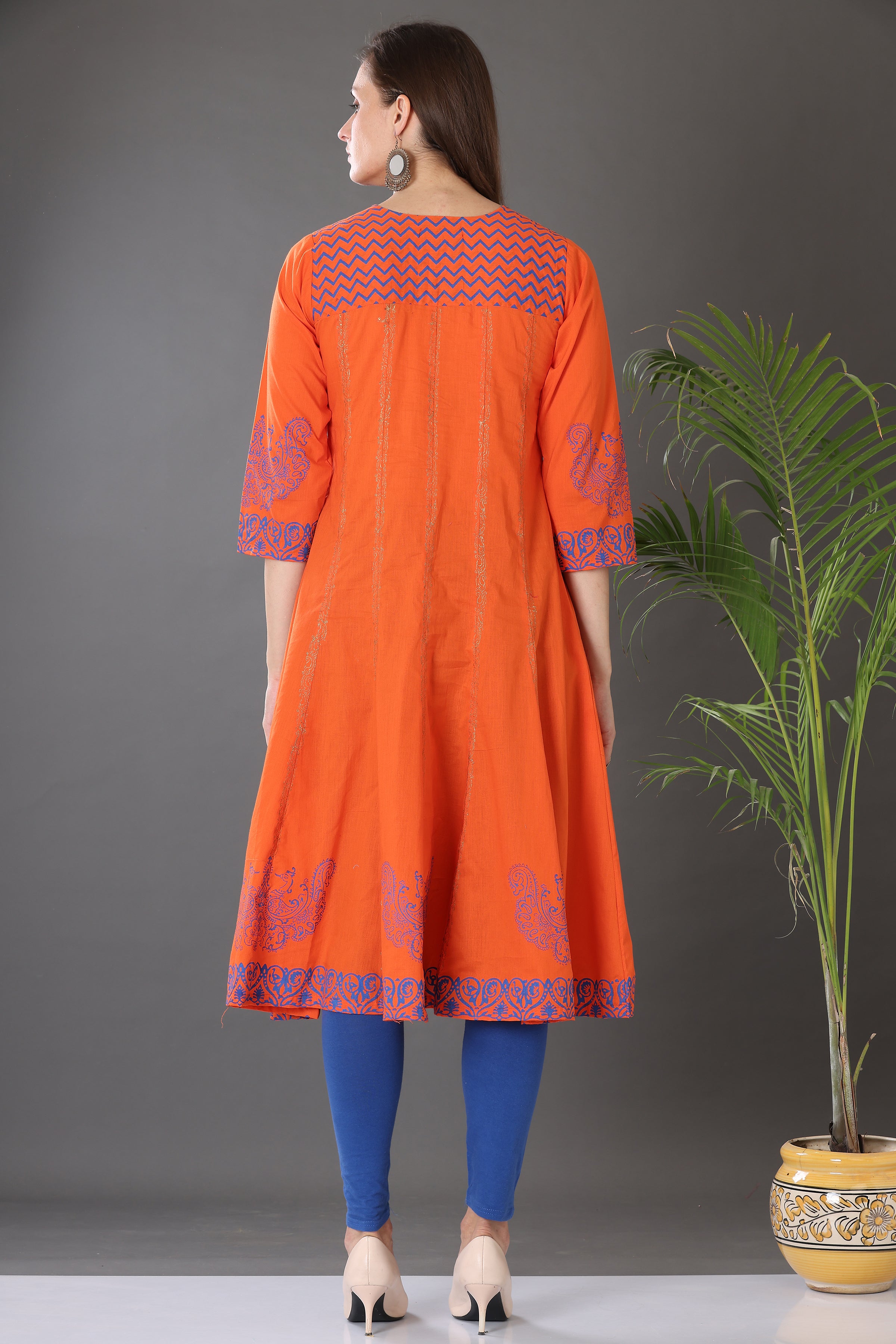 Kaanchie Nanggia Orange Block Printed Anarkali with Leggings and Dupatta (Set of 3)