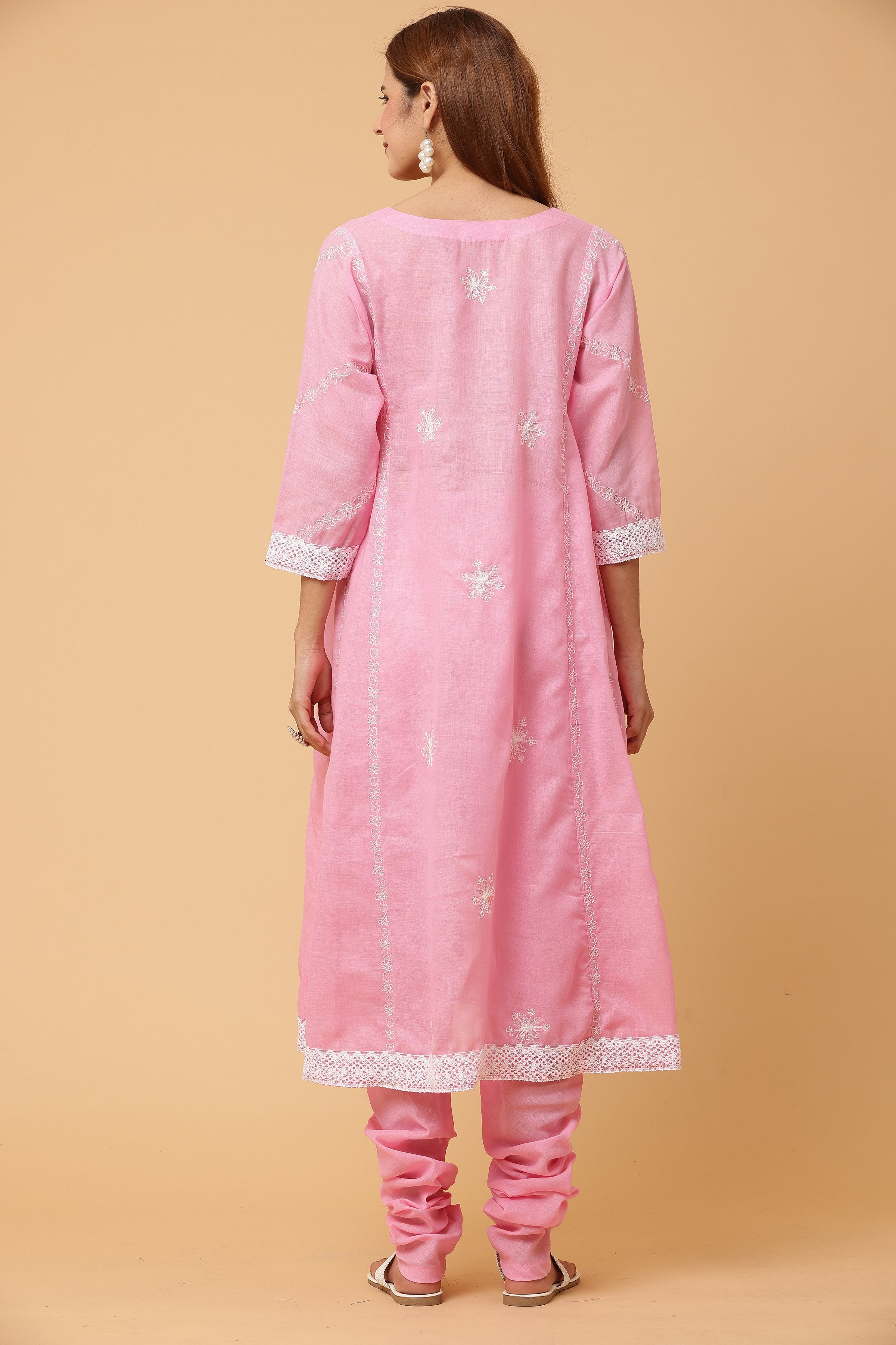 Kaanchie Nanggia Pink Kalidar Embroidered Kurta Chudidar with Dupatta (Set of 3)
