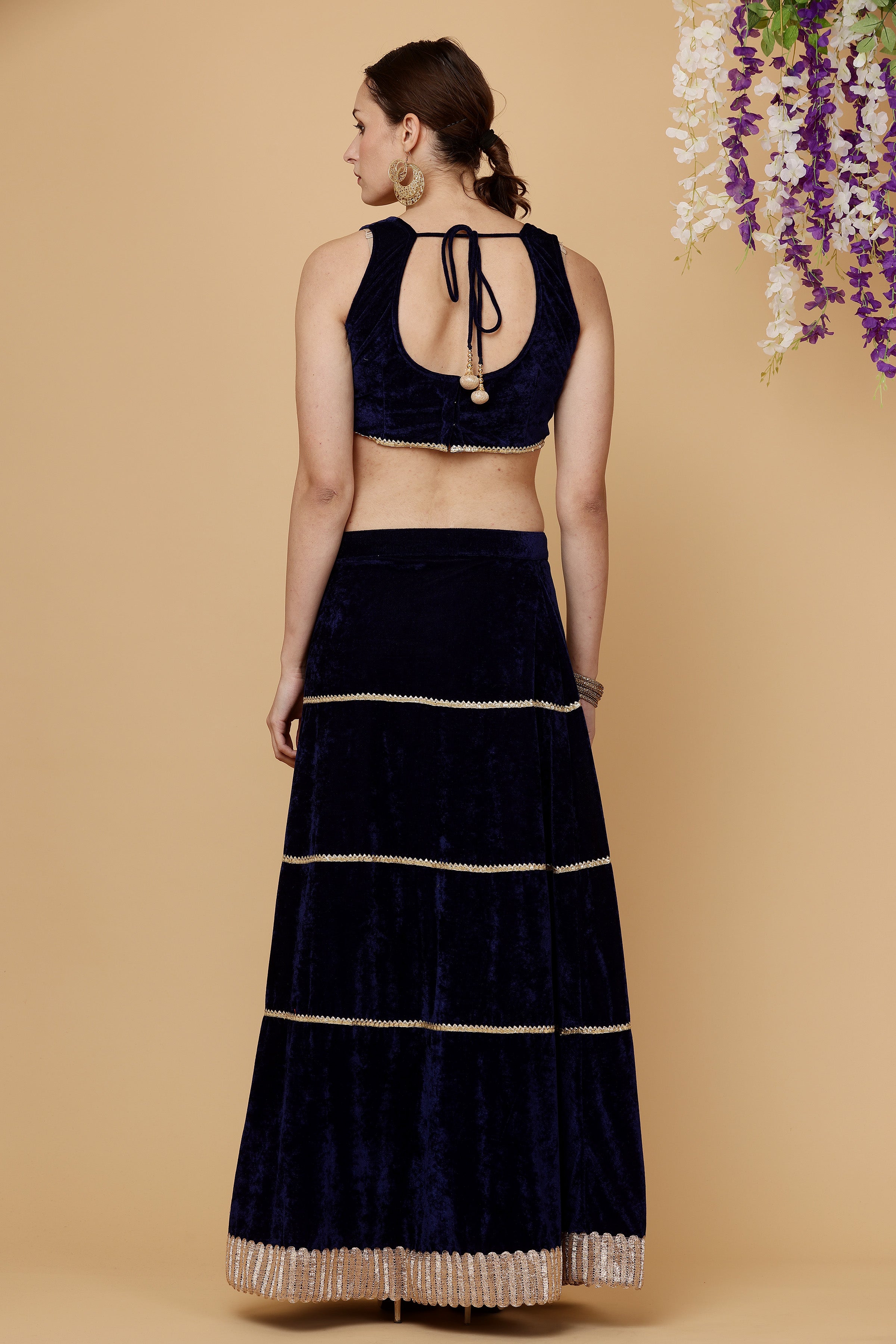 Kaanchie Nanggia Blue Velvet Embroidered Lehenga Set (Set of 3)