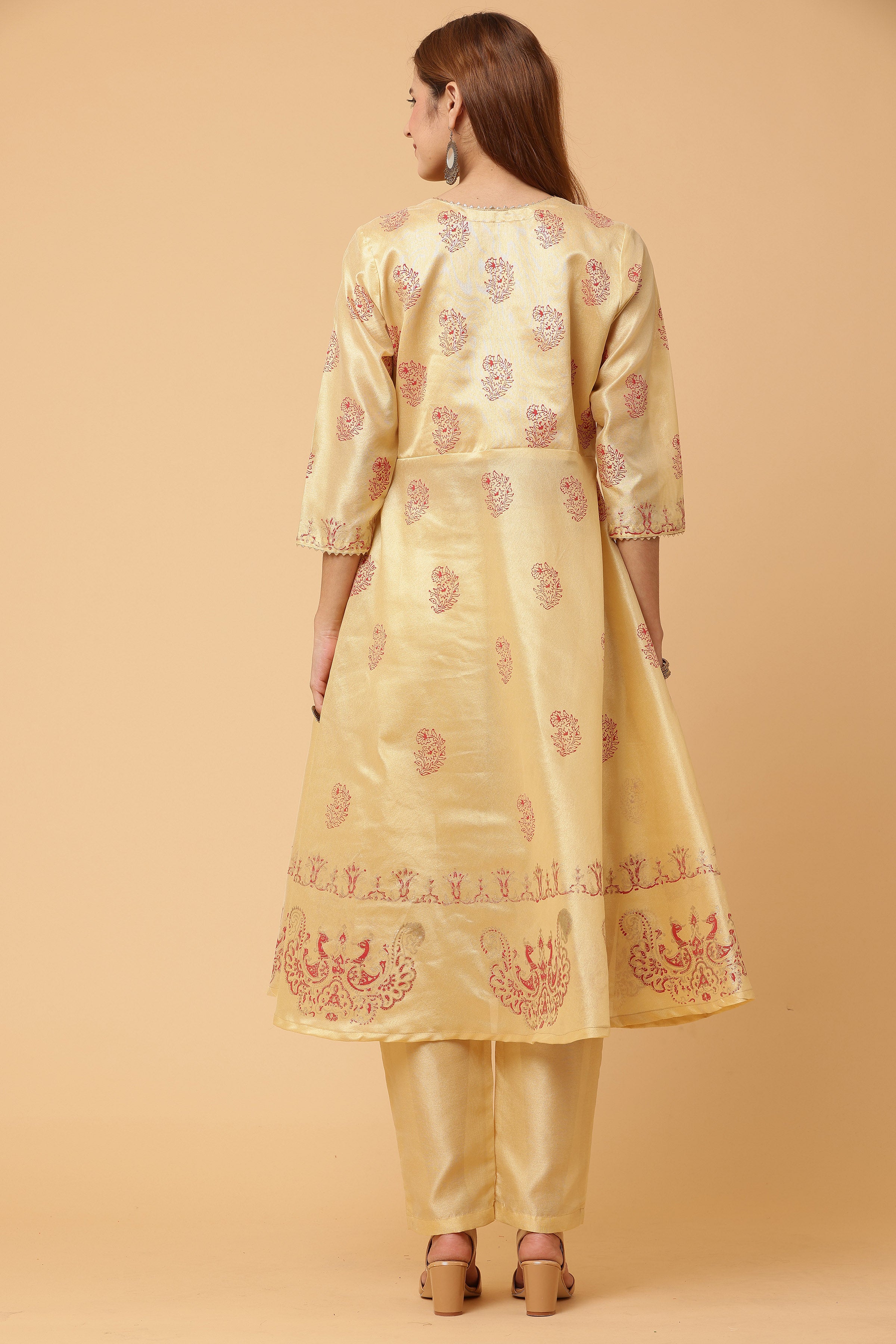 Kaanchie Nanggia Beige Flared Printed Kurta with Pant (Set of 2)