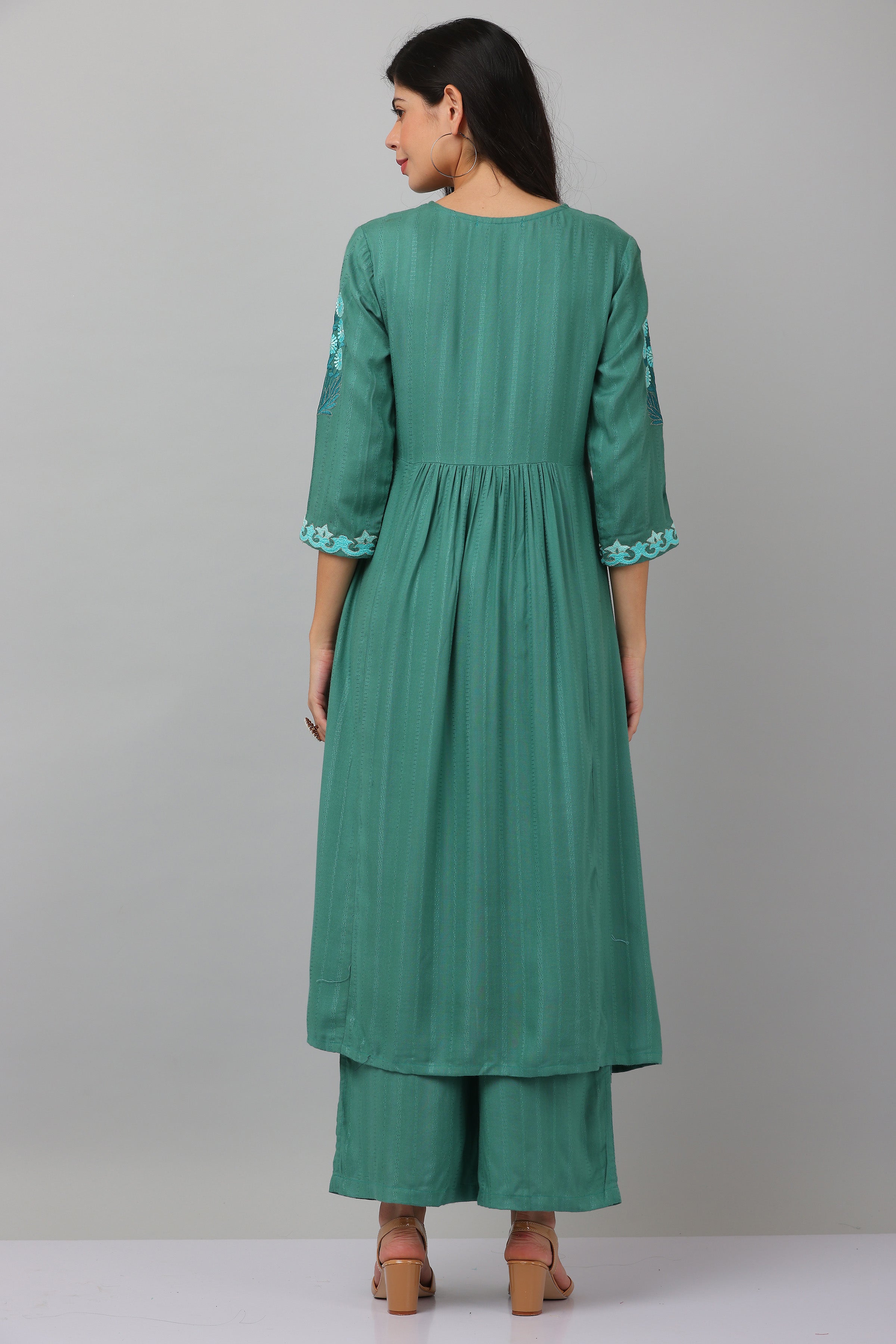 Kaanchie Nanggia Green Flared Kurta & Palazzo (Set of 2)