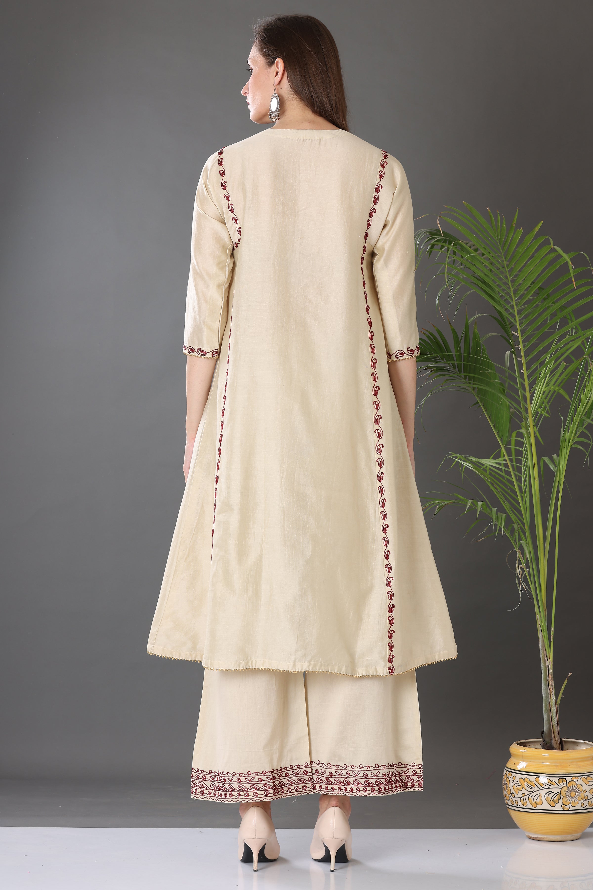 Kaanchie Nanggia Beige Embroidered Cotton Silk Kurta Palazzo (Set of 2)