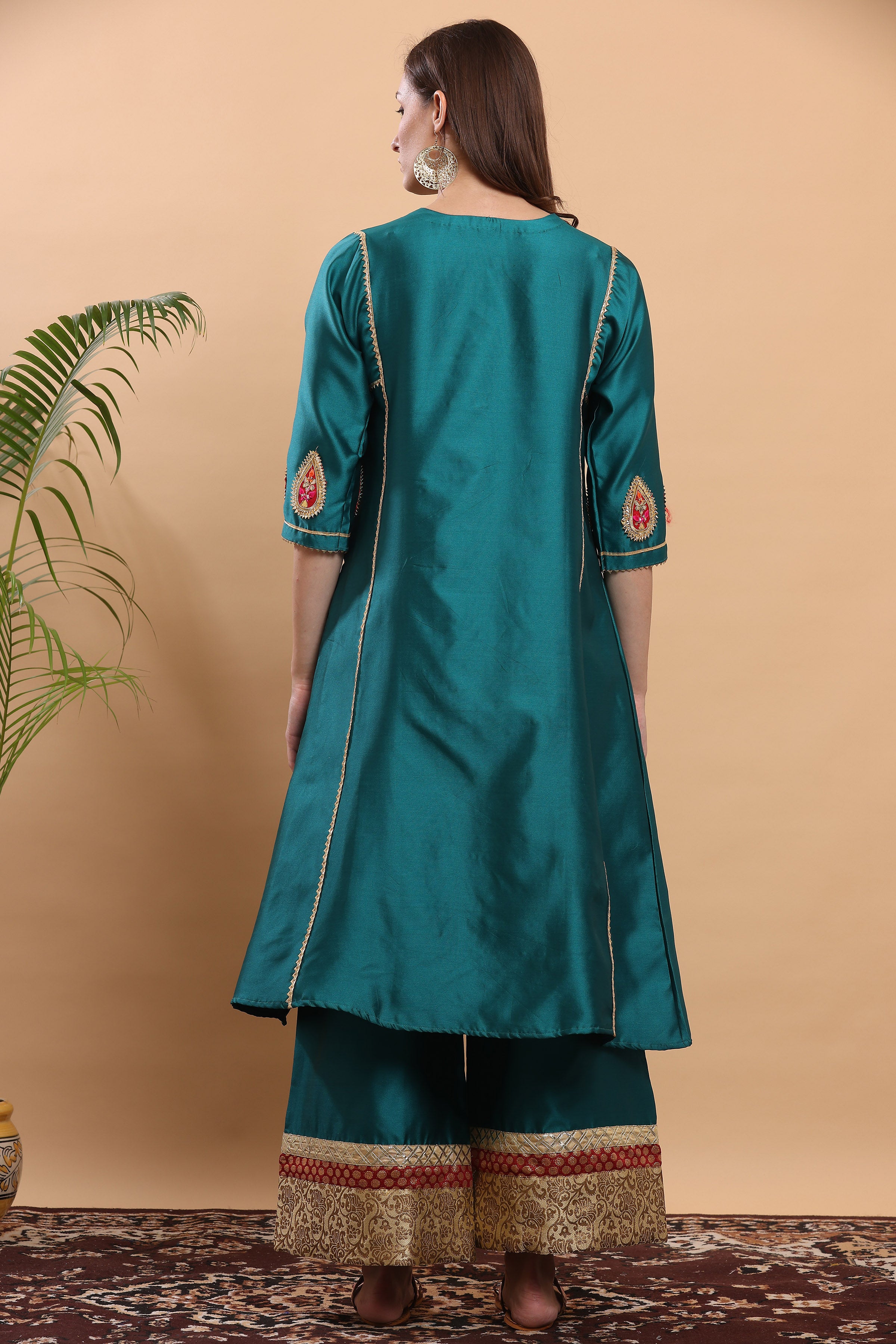 Kaanchie Nanggia Teal Flayred Gota Work Kurta Palazzo (Set of 2)