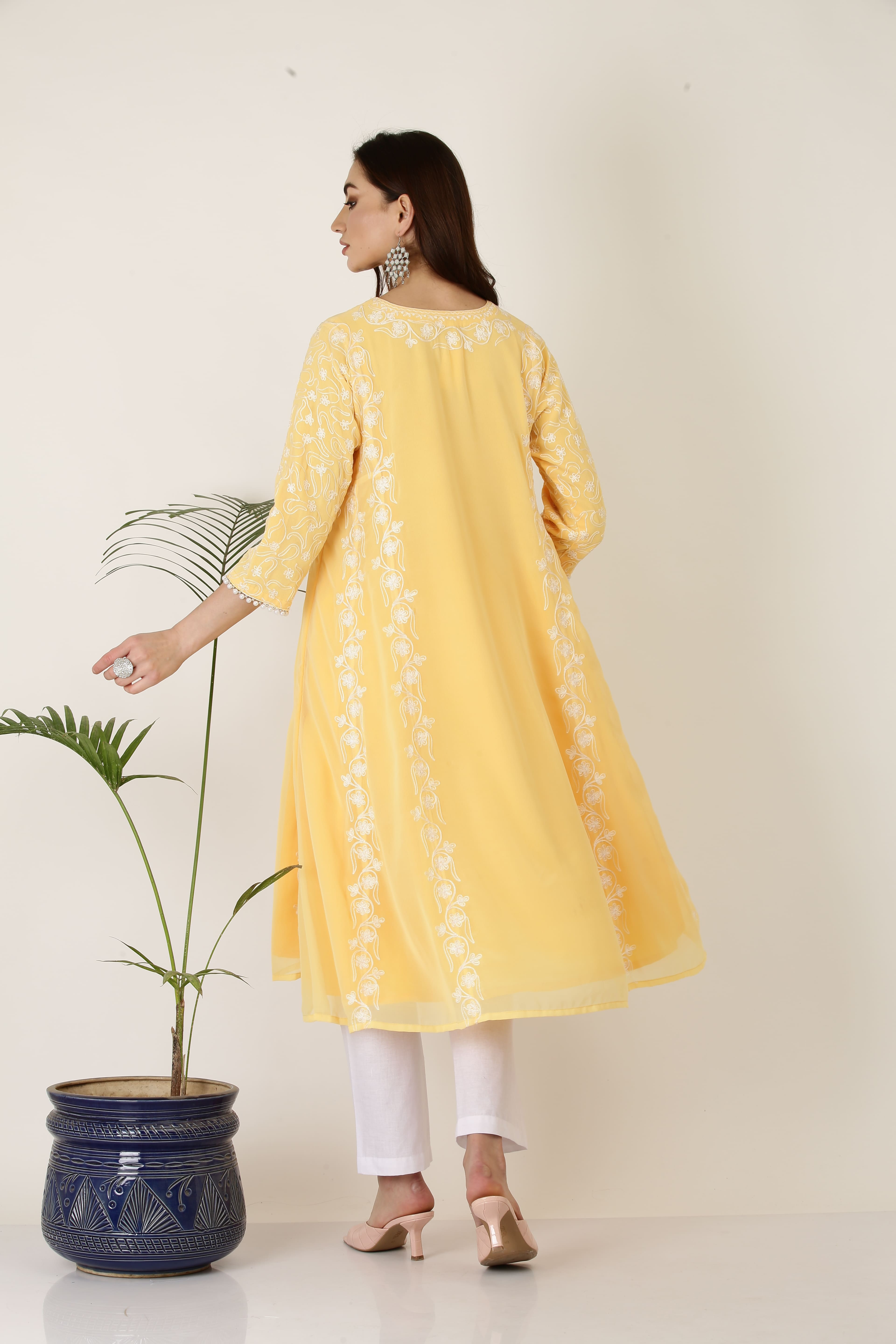 Kaanchie Nanggia Heavy Embroidered Yellow Georgette Kurta Pant Dupatta (Set of 3)