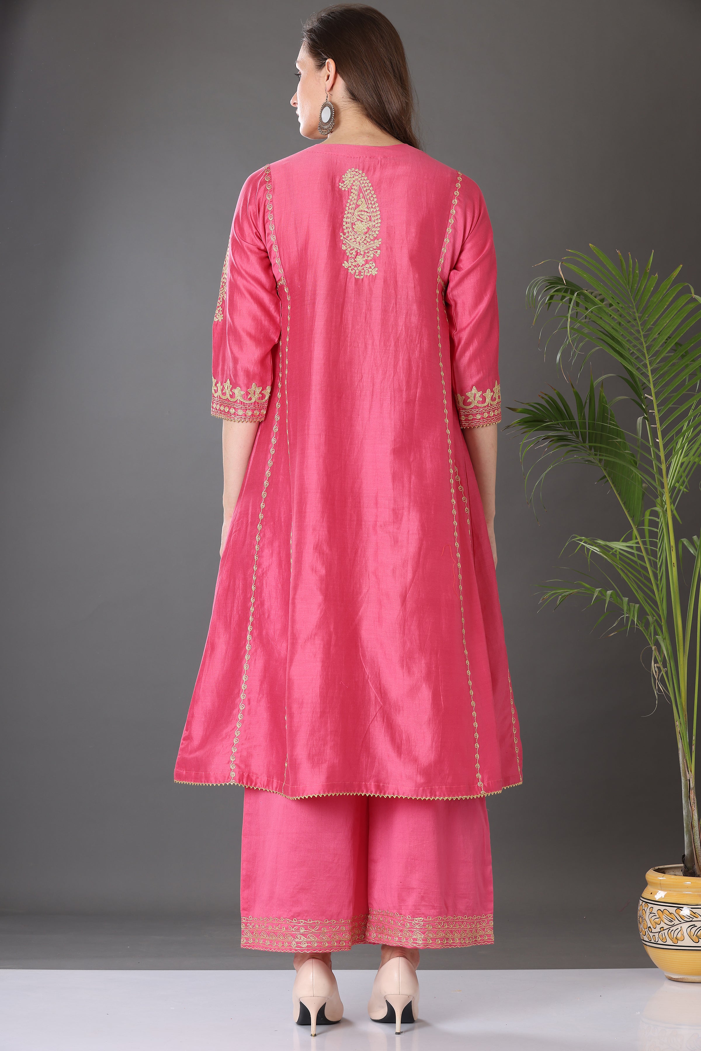 Kaanchie Nanggia Pink Embroidered Silk Kurta Palazzo (Set of 2)