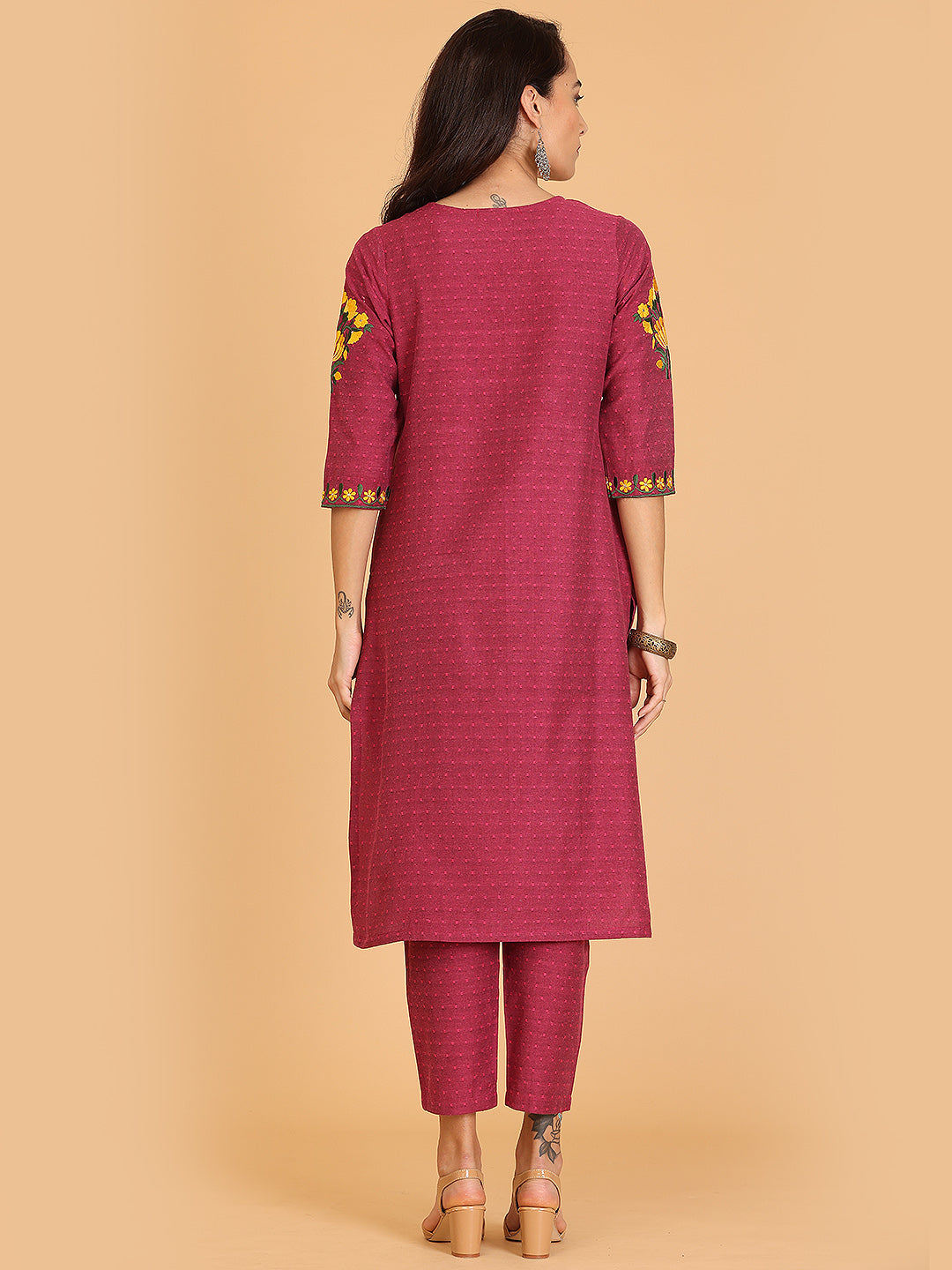 Kaanchie Nanggia Red Embroidered A-Line Kurta with Pant (Set of 2)