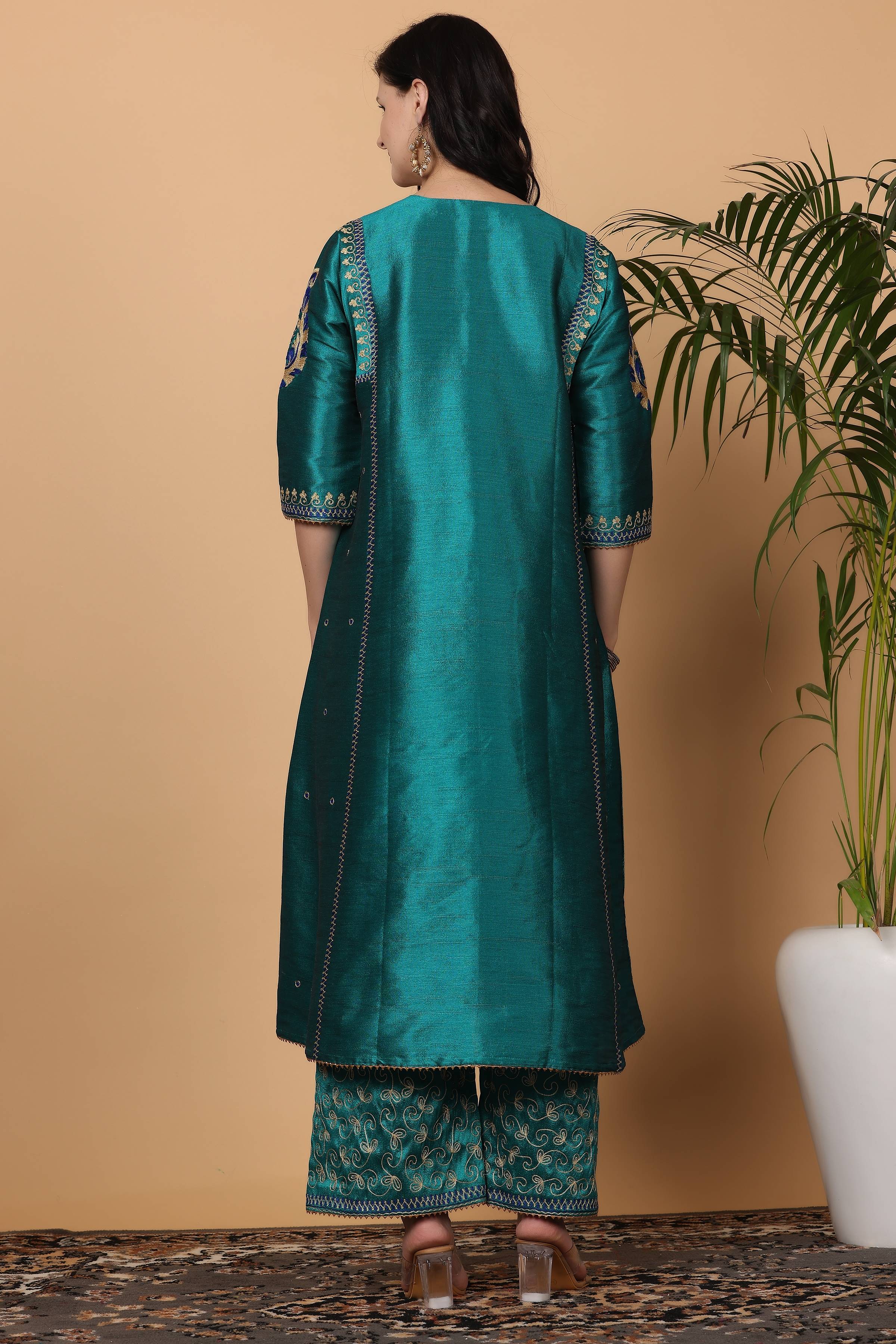 Kaanchie Nanggia Teal Green Embroidered Kurta Palazzo with Dupatta (Set of 3)