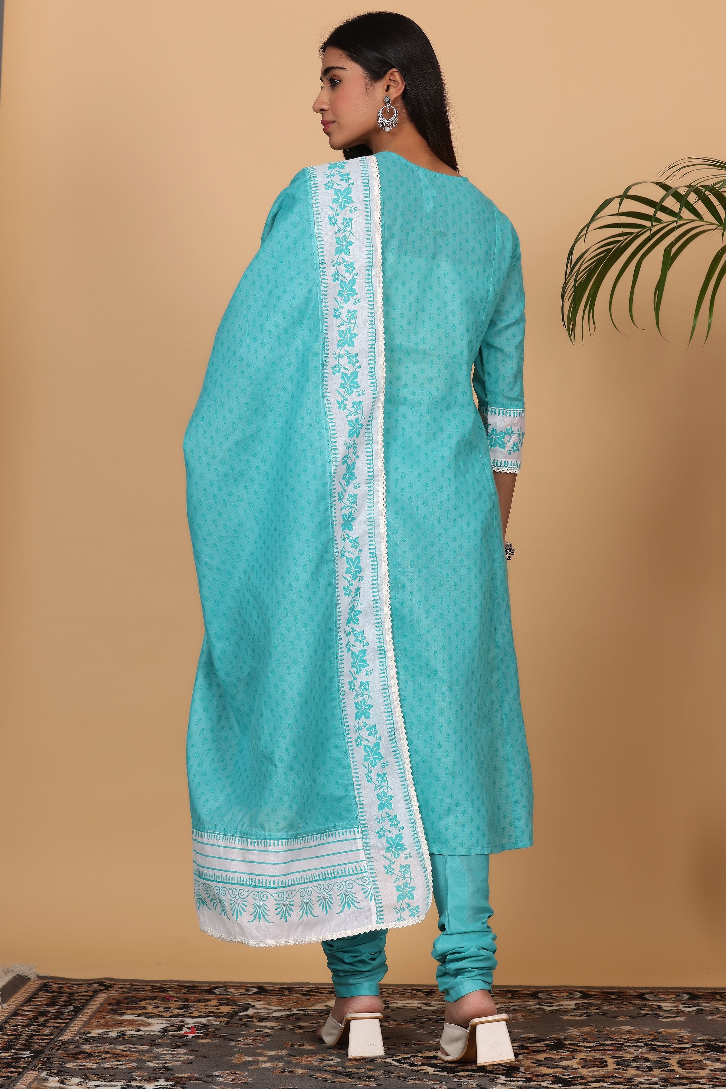 Kaanchie Nanggia Turquoise Printed Kurta Dupatta with Churidar (Set of 3)