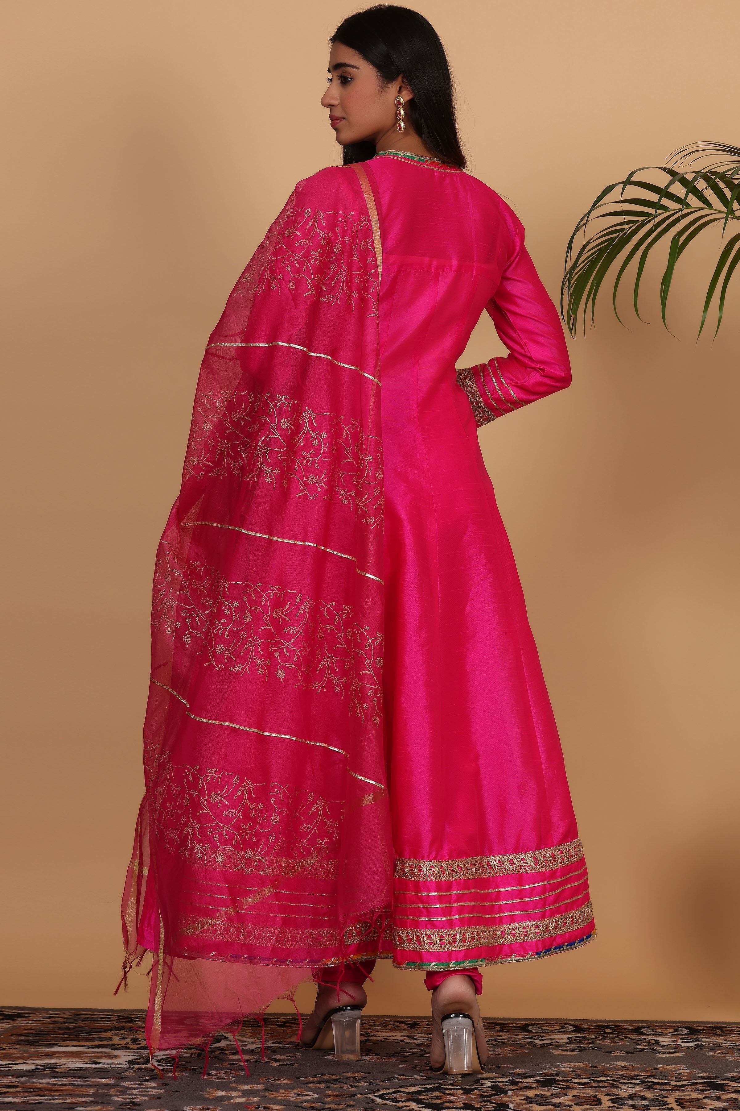 Kaanchie Nanggia Pink Silk Gota Work Anarkali Kurta Printed Dupatta with Churidar (Set of 3)