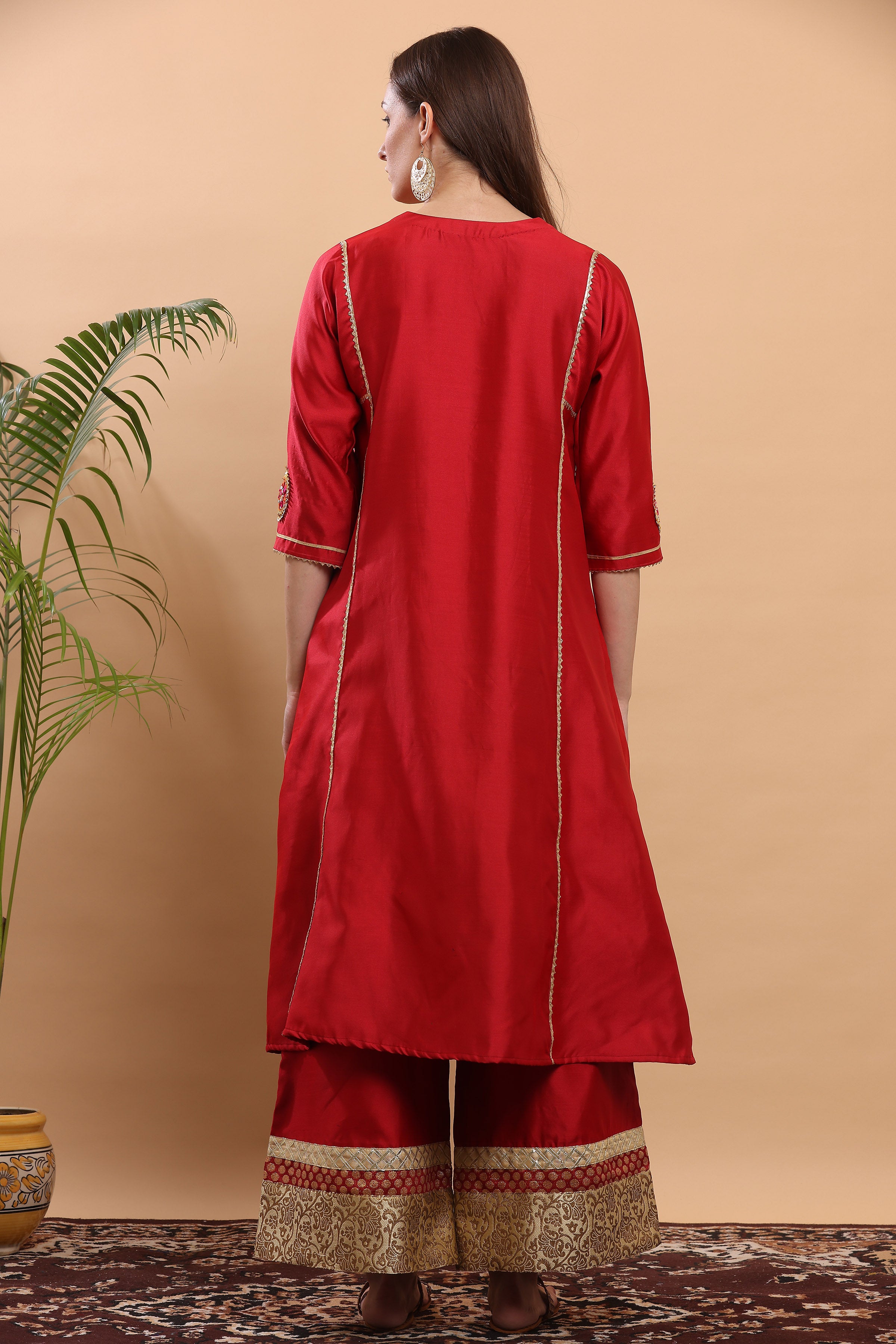 Kaanchie Nanggia Red Flayred Gota Work Kurta Palazzo (Set of 2)