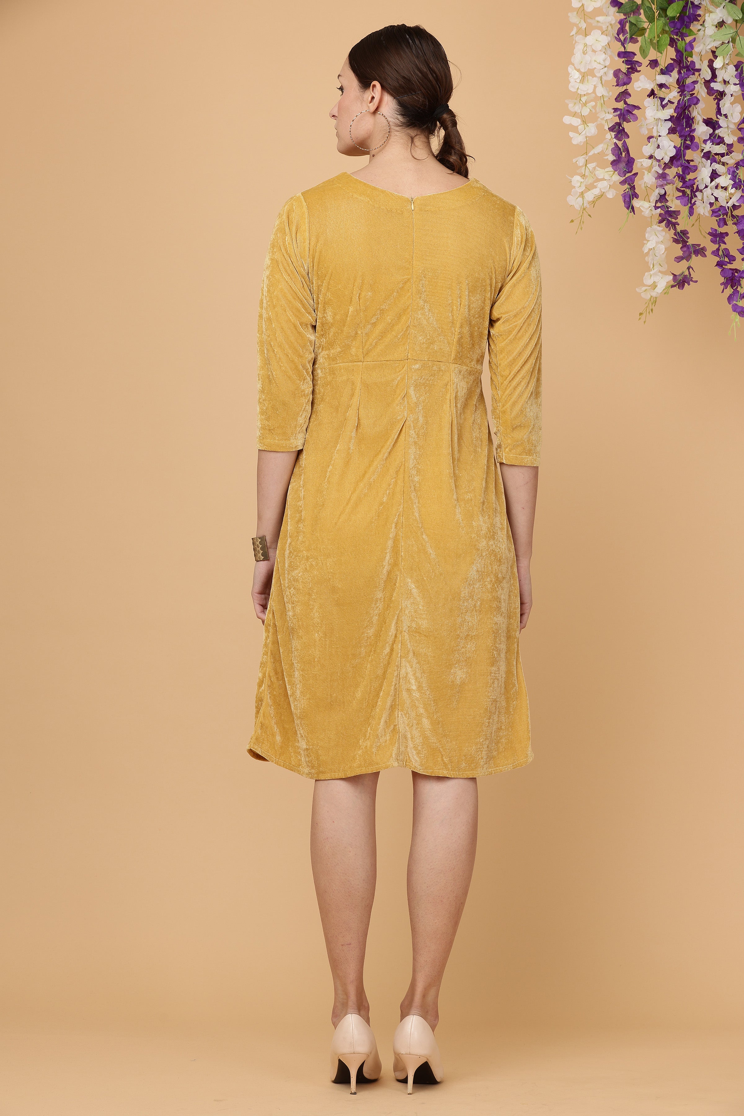 Kaanchie Nanggia Yellow Boat Neck Ruched High Low Dress