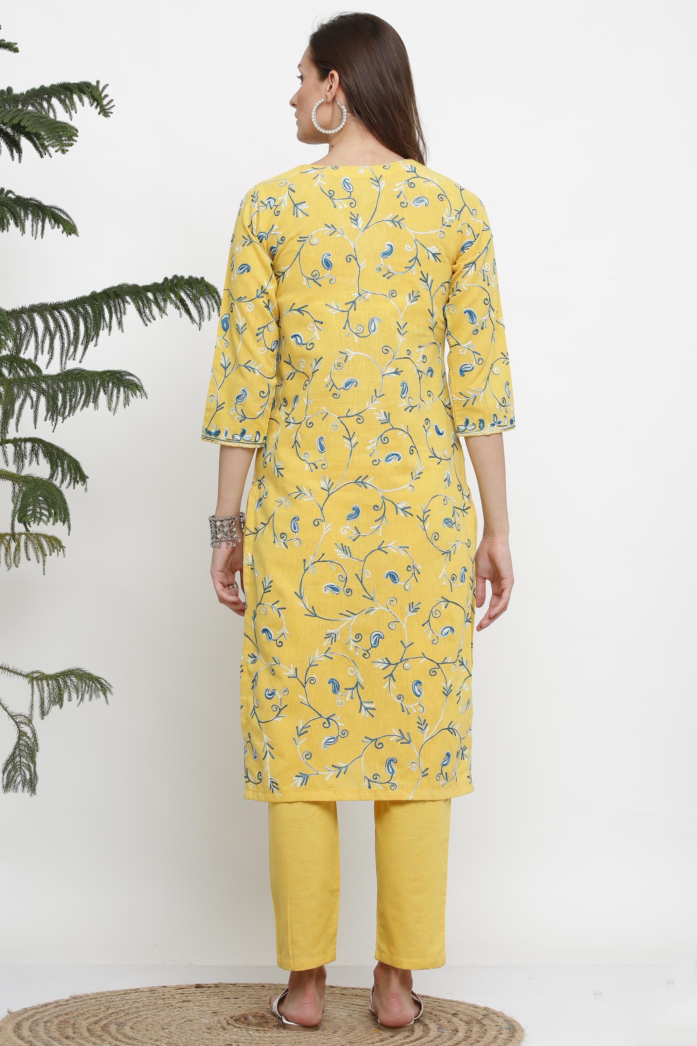 Kaanchie Nanggia Yellow Cotton Embroided Kurta Pant (Set of 2)