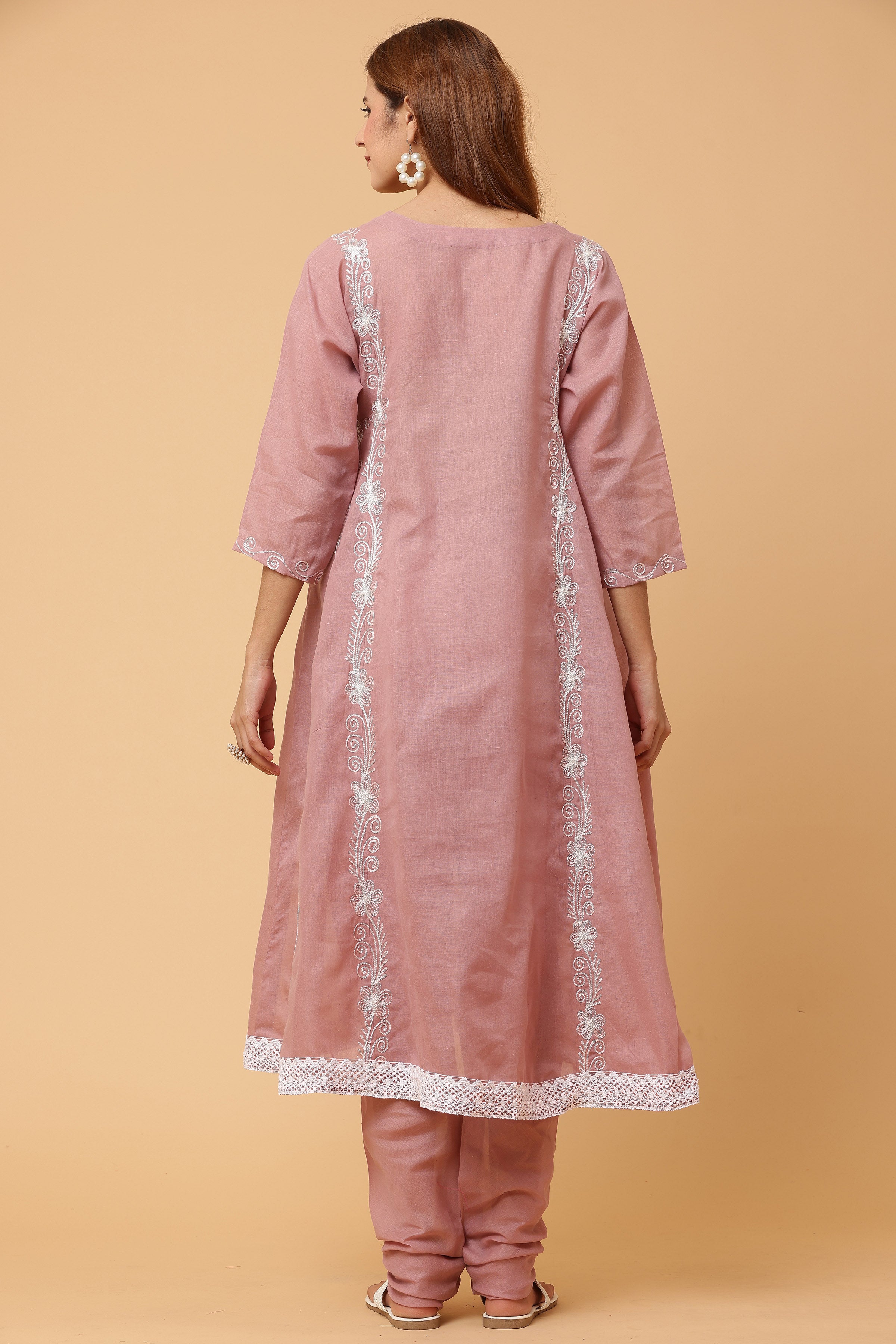 Kaanchie Nanggia Dusty Peach Kalidar Emb Kurta Chudidar with Dupatta (Set of 3)