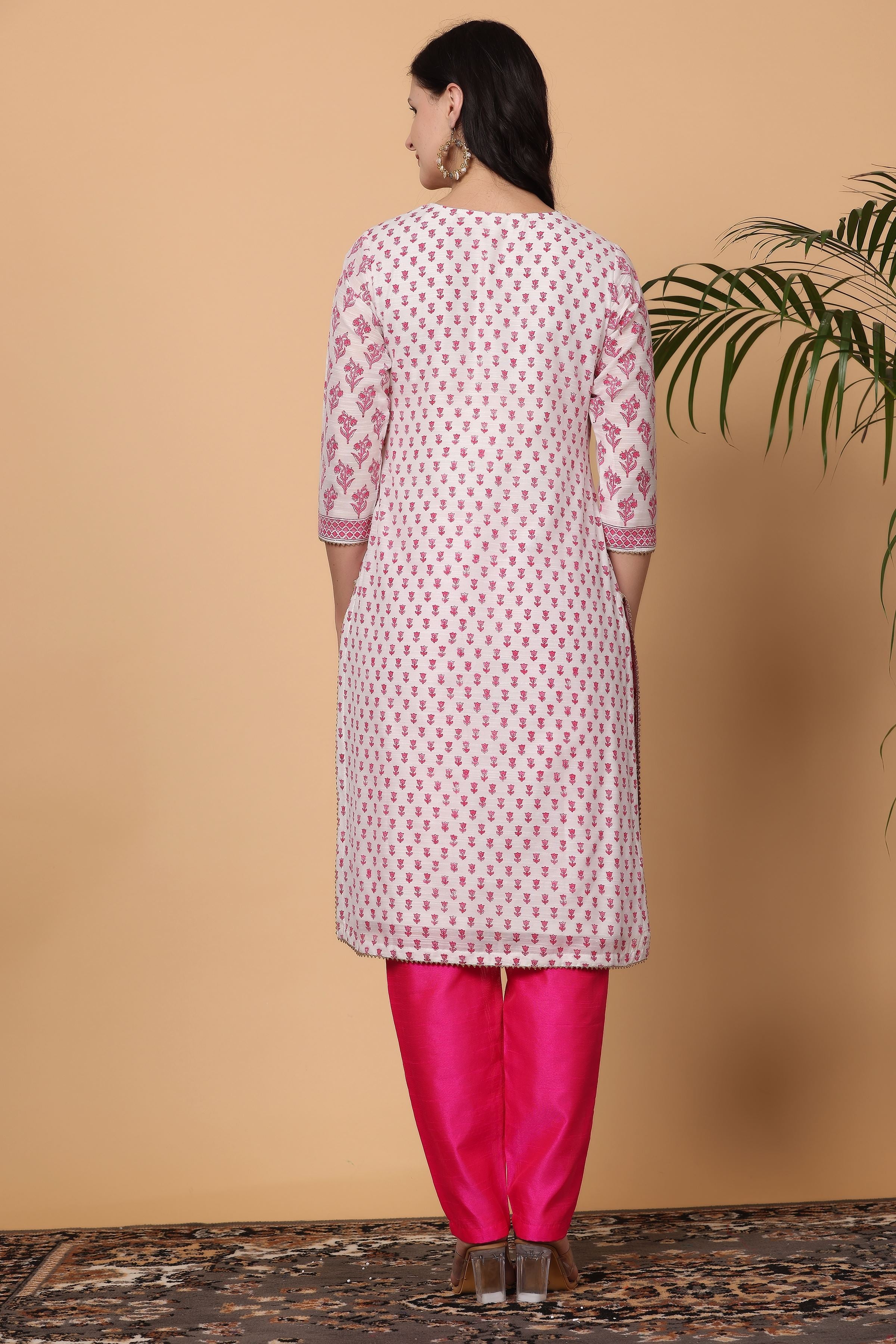 Kaanchie Nanggia Pink Cotton Printed Kurta Dupatta with Pants (Set of 3)