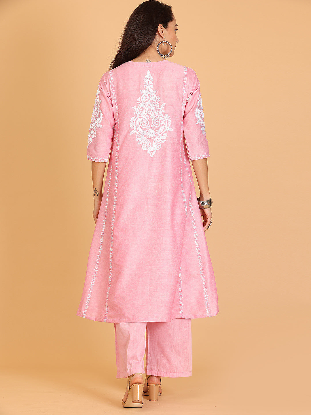 Kaanchie Nanggia Pink Embroidered Cotton Silk Flayred Kurta and Palazzo (Set of 2)