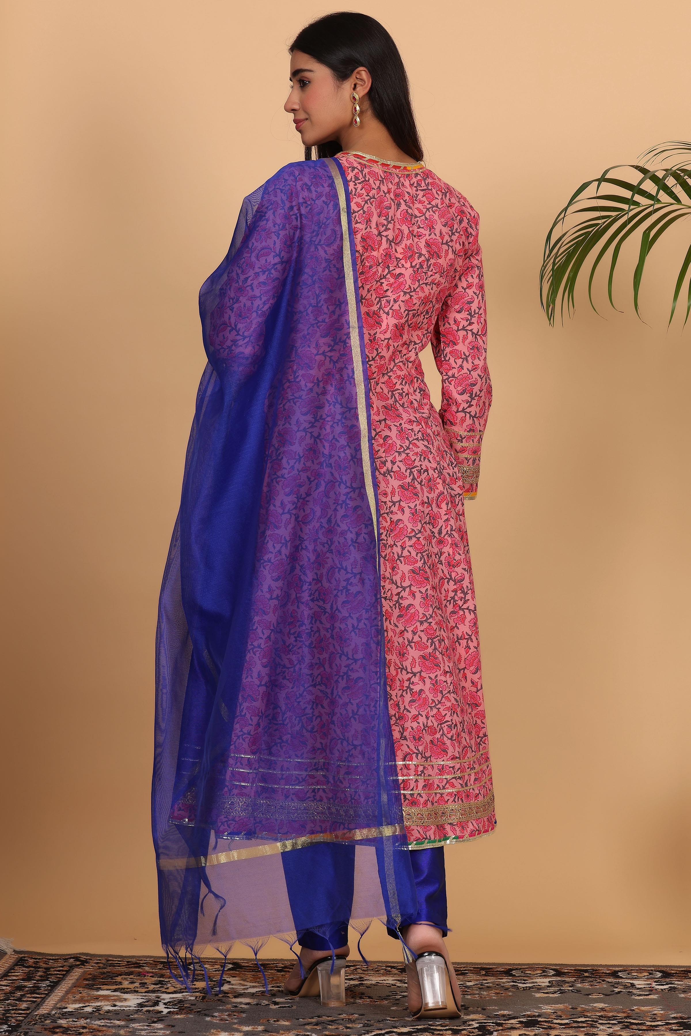 Kaanchie Nanggia Pink Cotton Printed Anarkali Kurta with Dupatta and Pants (Set of 3)